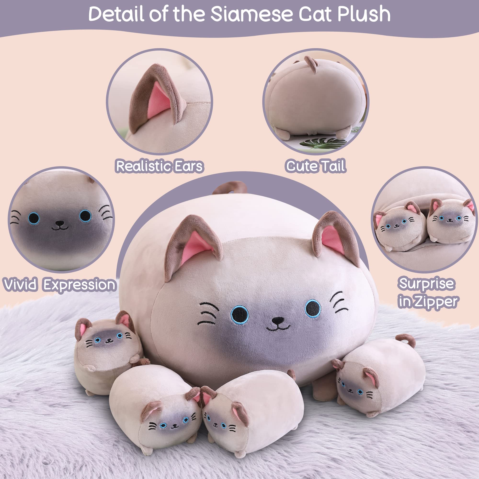 Foto 4 pulgar | Peluche Sqeqe Para Gatos Siameses Con 4 Gatitos Blandos Para Niños - Venta Internacional.