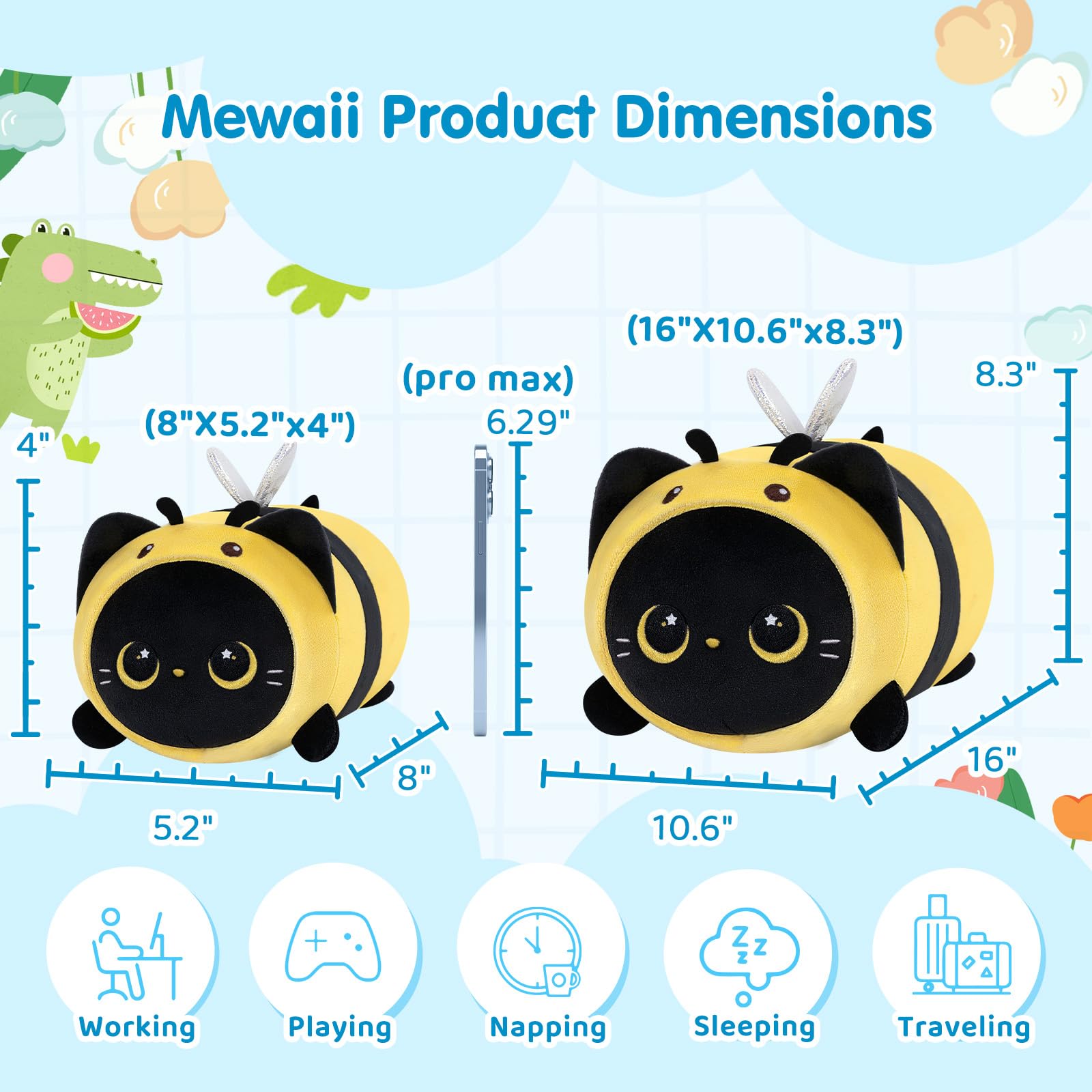 Foto 5 pulgar | Cojín De Felpa Mewaii, Bonito Gato Negro, Abeja, Kawaii, 40 Cm, Regalo Para Niños - Venta Internacional.