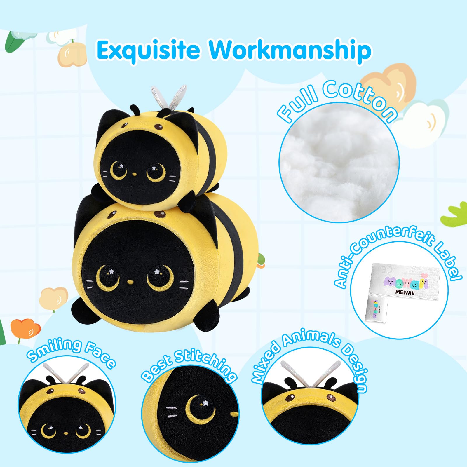 Foto 5 | Cojín De Felpa Mewaii, Bonito Gato Negro, Abeja, Kawaii, 40 Cm, Regalo Para Niños - Venta Internacional.