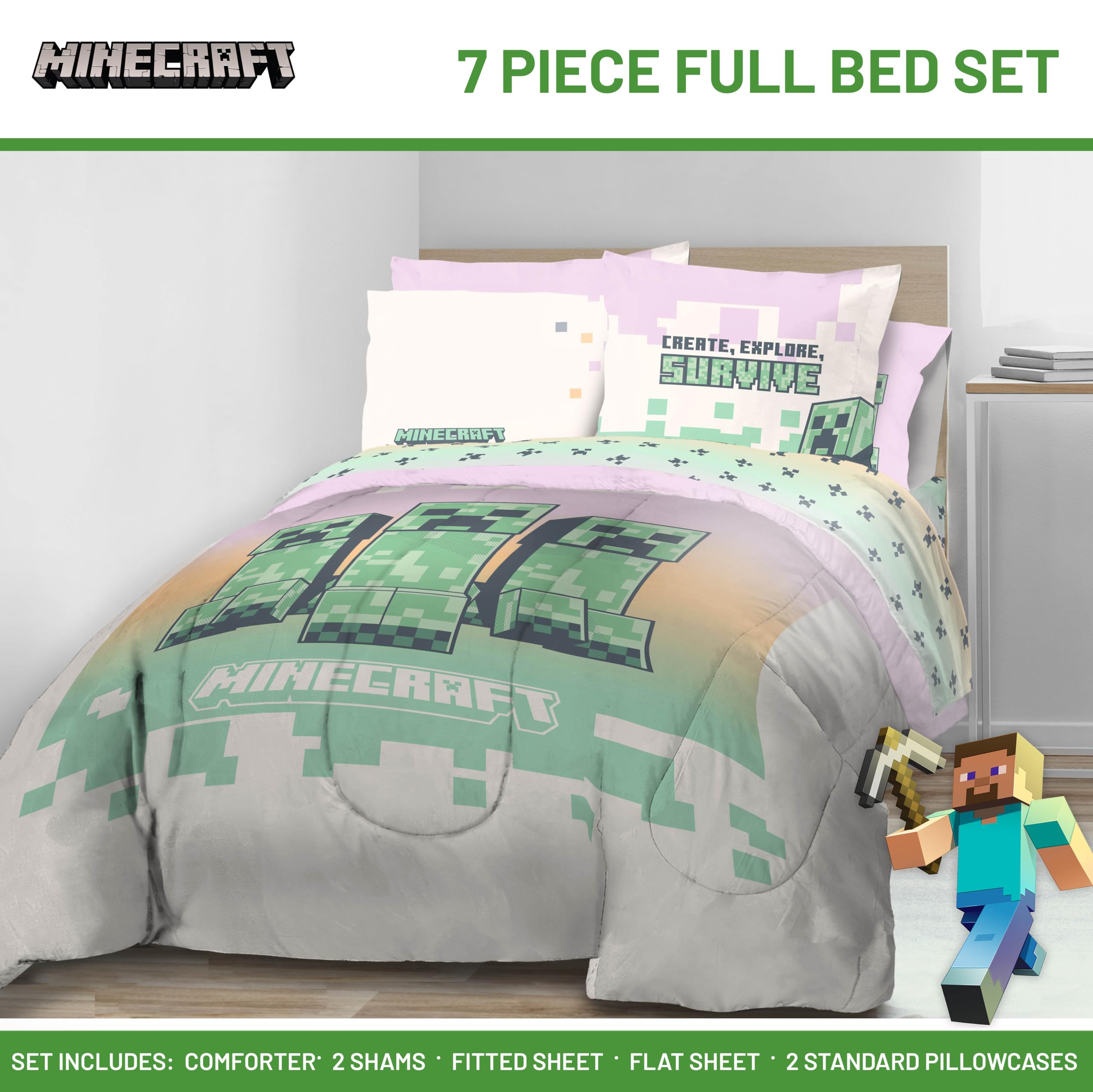Foto 3 pulgar | Set De Edredón Jay Franco Minecraft Creeper Full 7 Piezas - Venta Internacional.