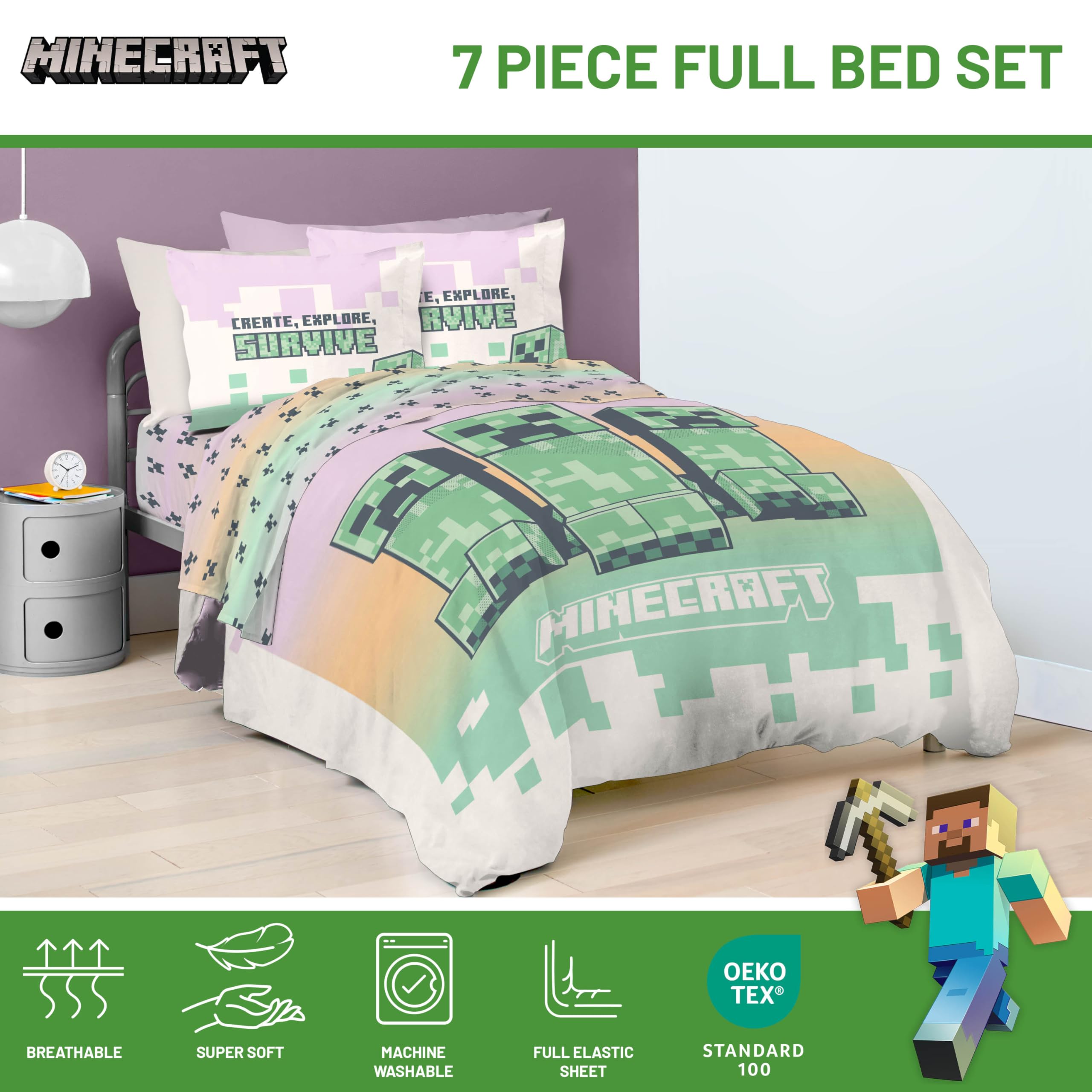 Foto 4 | Set De Edredón Jay Franco Minecraft Creeper Full 7 Piezas - Venta Internacional.