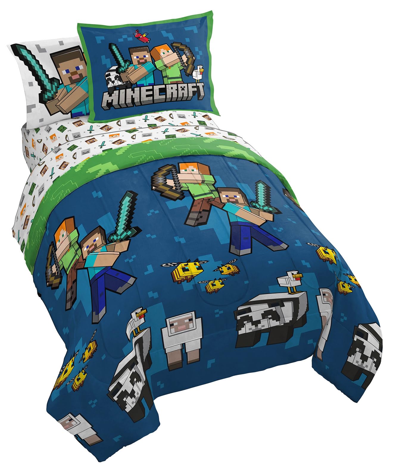 Set De Edredón Jay Franco Minecraft Twin Con Sábana Y Almohada - Venta Internacional.