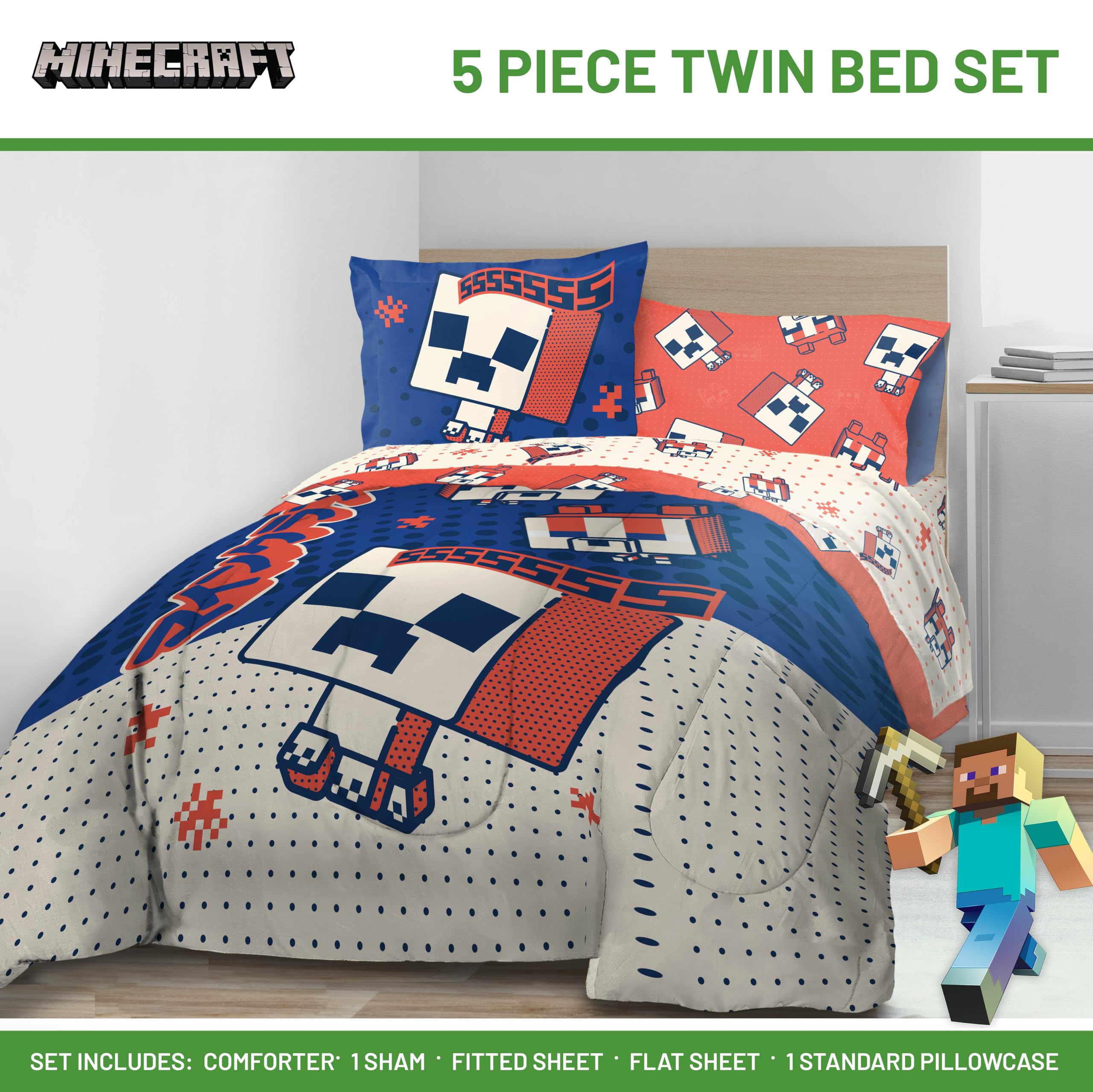 Foto 3 pulgar | Set De Edredón Jay Franco Minecraft Creeper Twin, 5 Piezas - Venta Internacional.