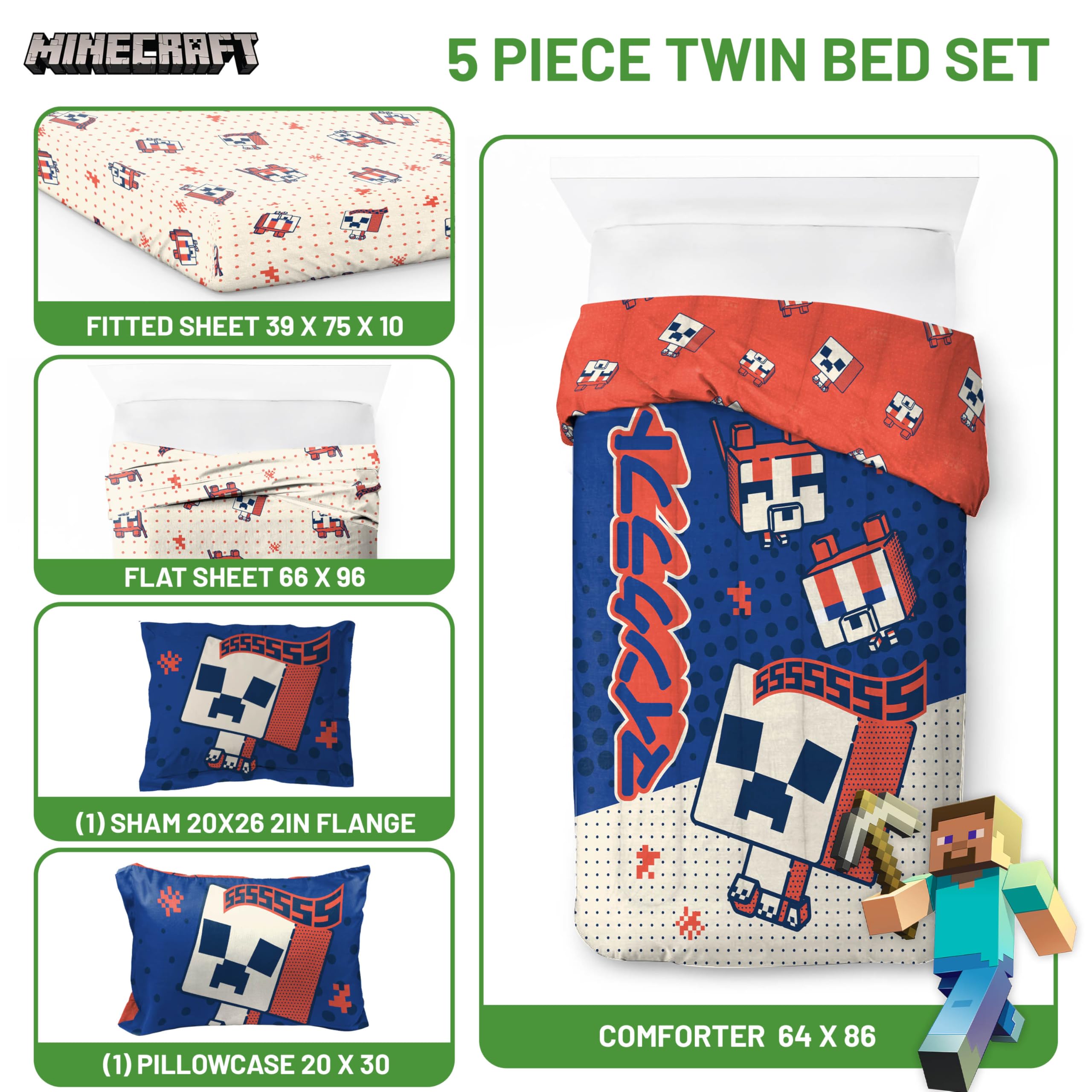Foto 3 | Set De Edredón Jay Franco Minecraft Creeper Twin, 5 Piezas - Venta Internacional.