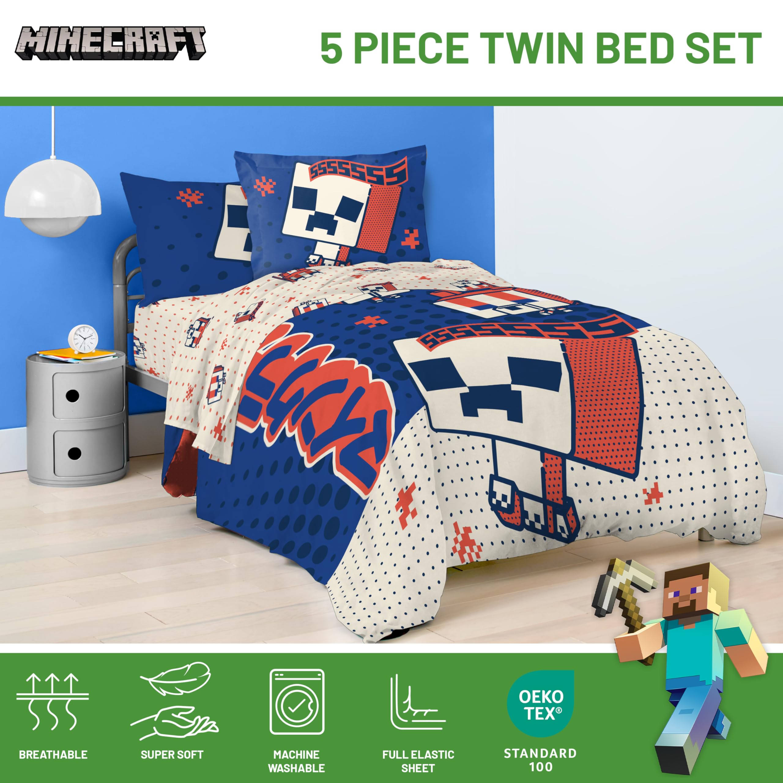Foto 4 | Set De Edredón Jay Franco Minecraft Creeper Twin, 5 Piezas - Venta Internacional.
