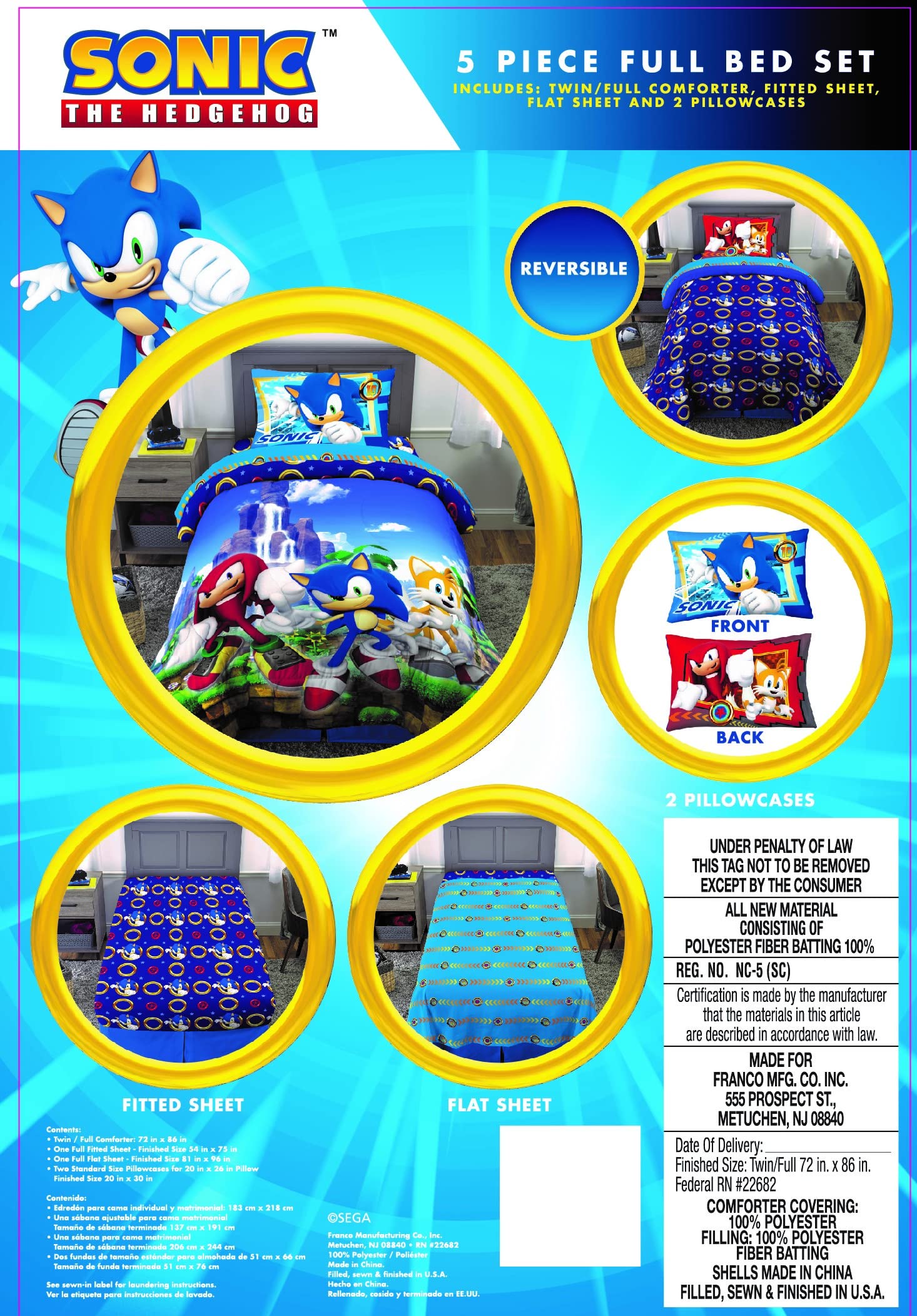 Foto 3 pulgar | Juego De Ropa De Cama Franco Sonic The Hedgehog, Tamaño Completo, 5 Piezas - Venta Internacional.