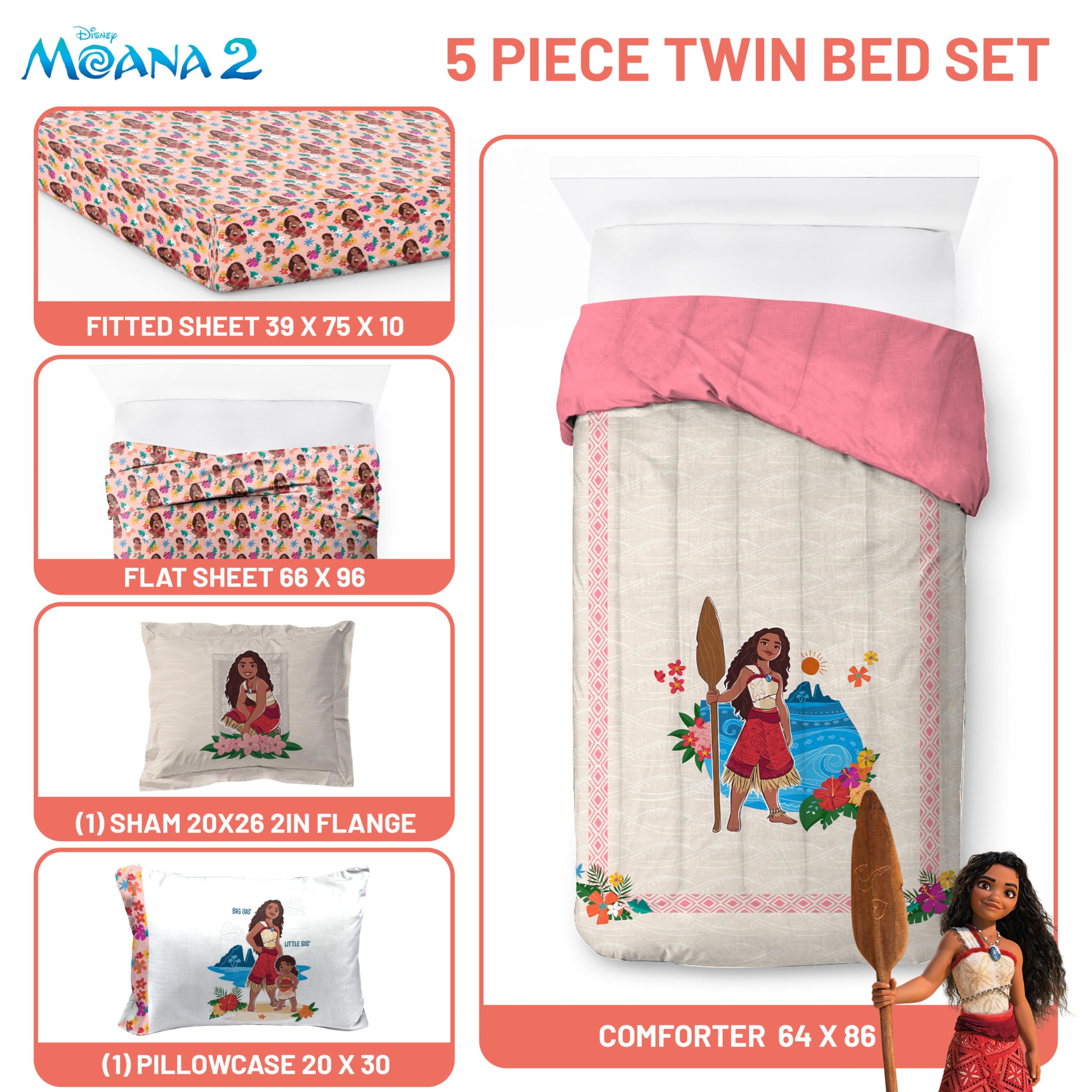 Foto 4 pulgar | Juego De Edredón Jay Franco Disney Moana Twin, Ropa De Cama De 5 Piezas - Venta Internacional.