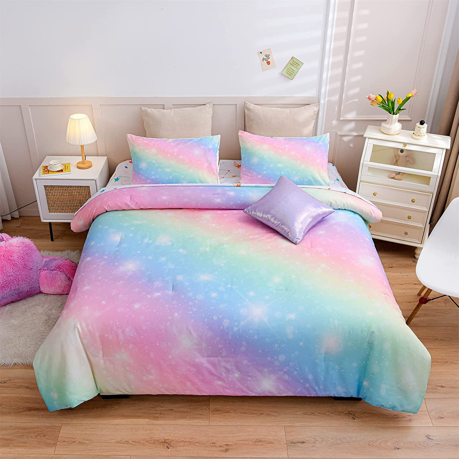 Foto 2 pulgar | Juego De Cama A Nice Night Glitter Rainbow Queen Con Purpurina - Venta Internacional.