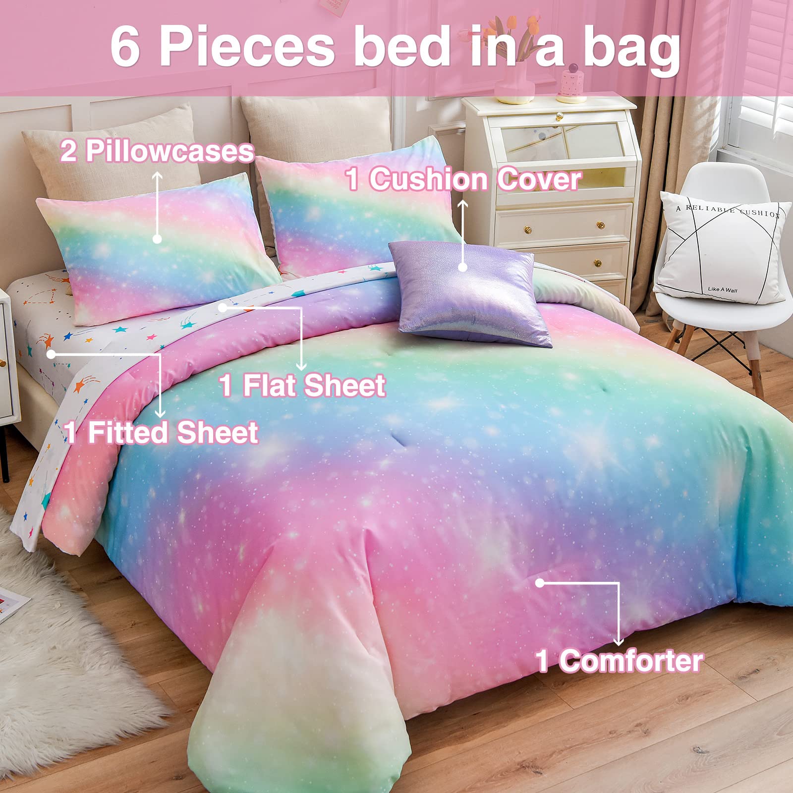 Foto 5 pulgar | Juego De Cama A Nice Night Glitter Rainbow Queen Con Purpurina - Venta Internacional.