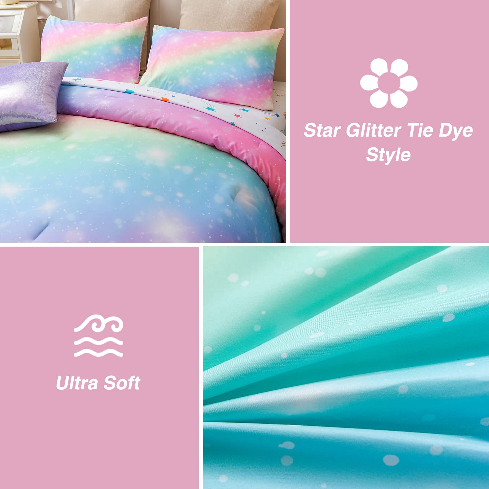 Foto 6 pulgar | Juego De Cama A Nice Night Glitter Rainbow Queen Con Purpurina - Venta Internacional.