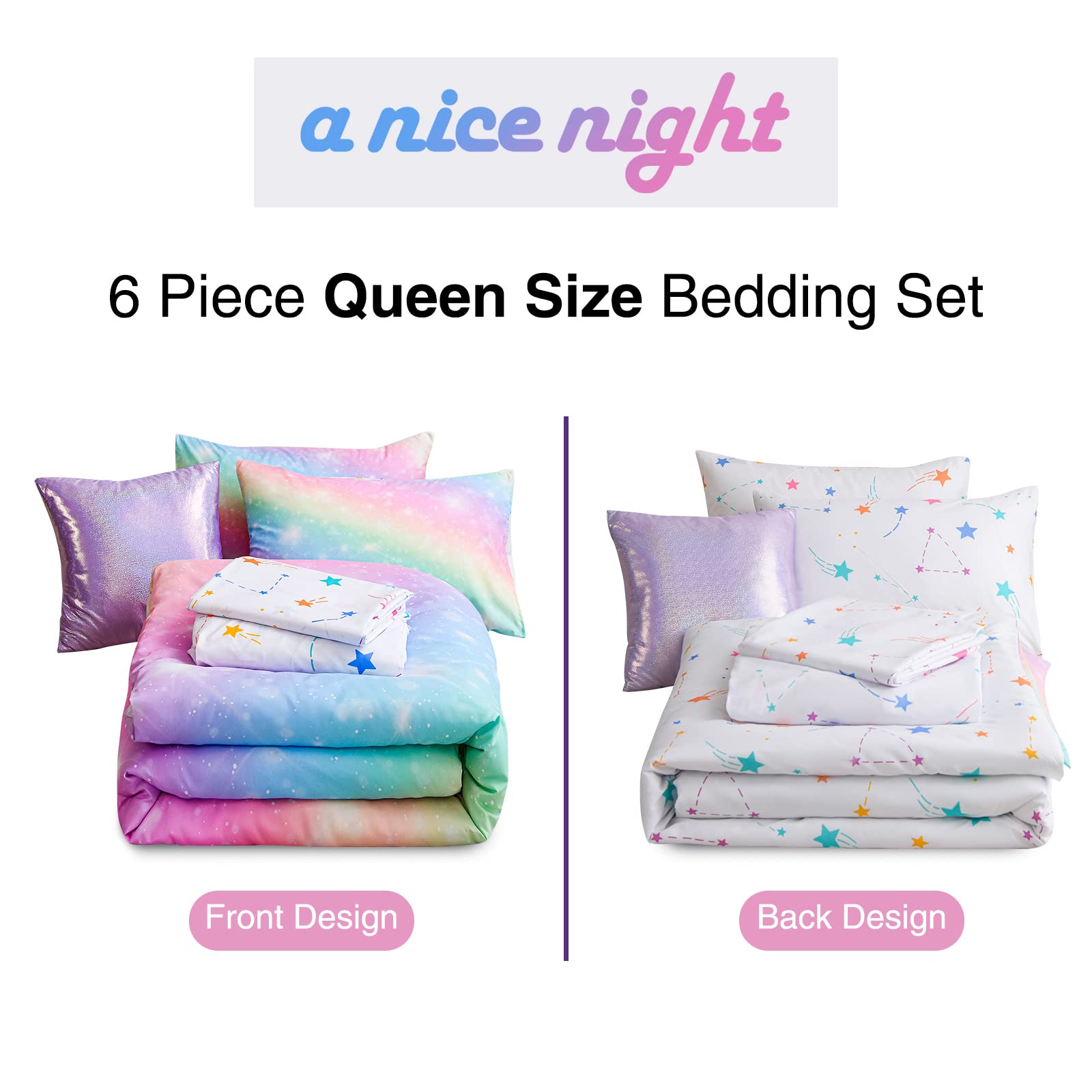 Foto 7 pulgar | Juego De Cama A Nice Night Glitter Rainbow Queen Con Purpurina - Venta Internacional.