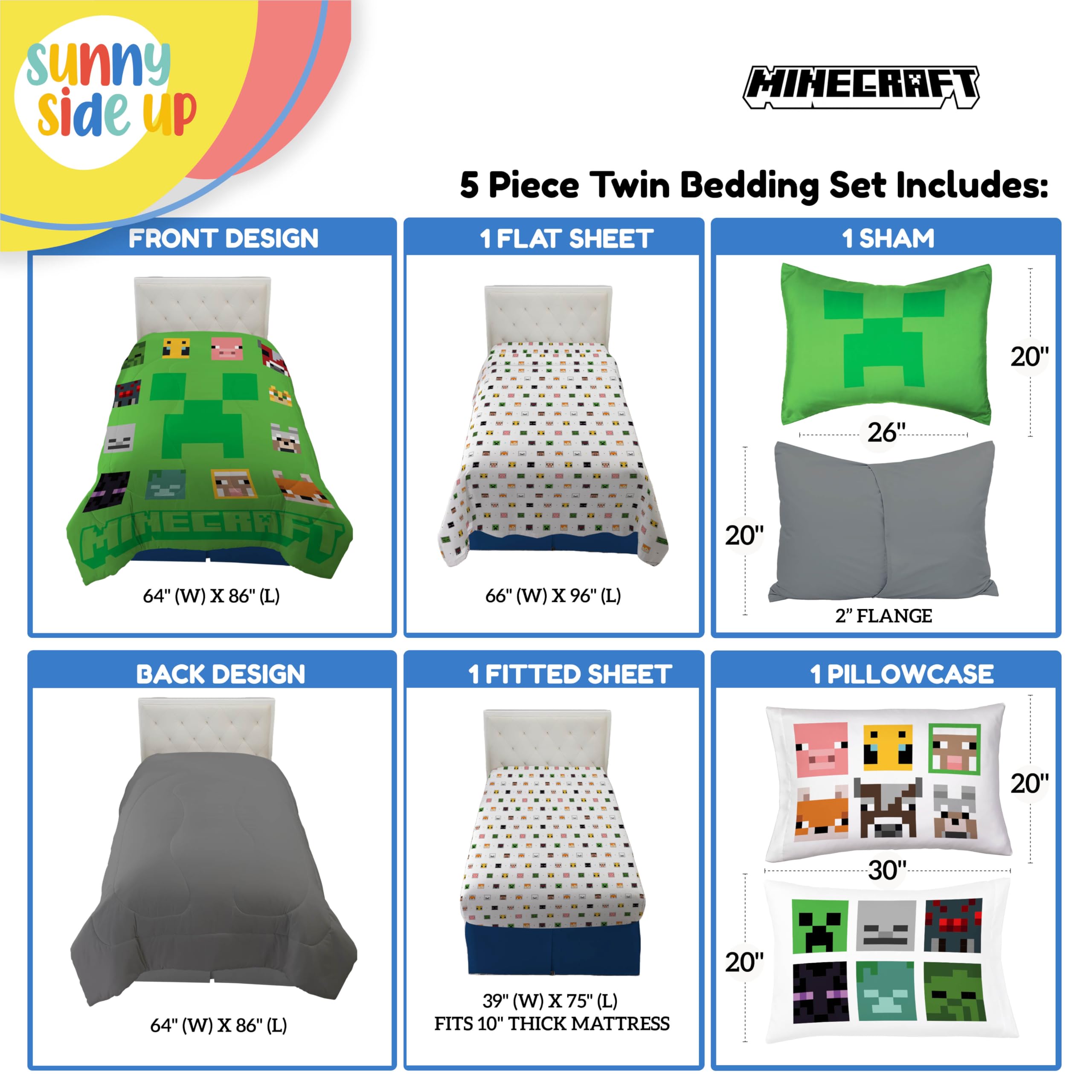 Foto 4 pulgar | Set De Edredón Sunny Side Up Minecraft Twin Kids, 5 Piezas - Venta Internacional.