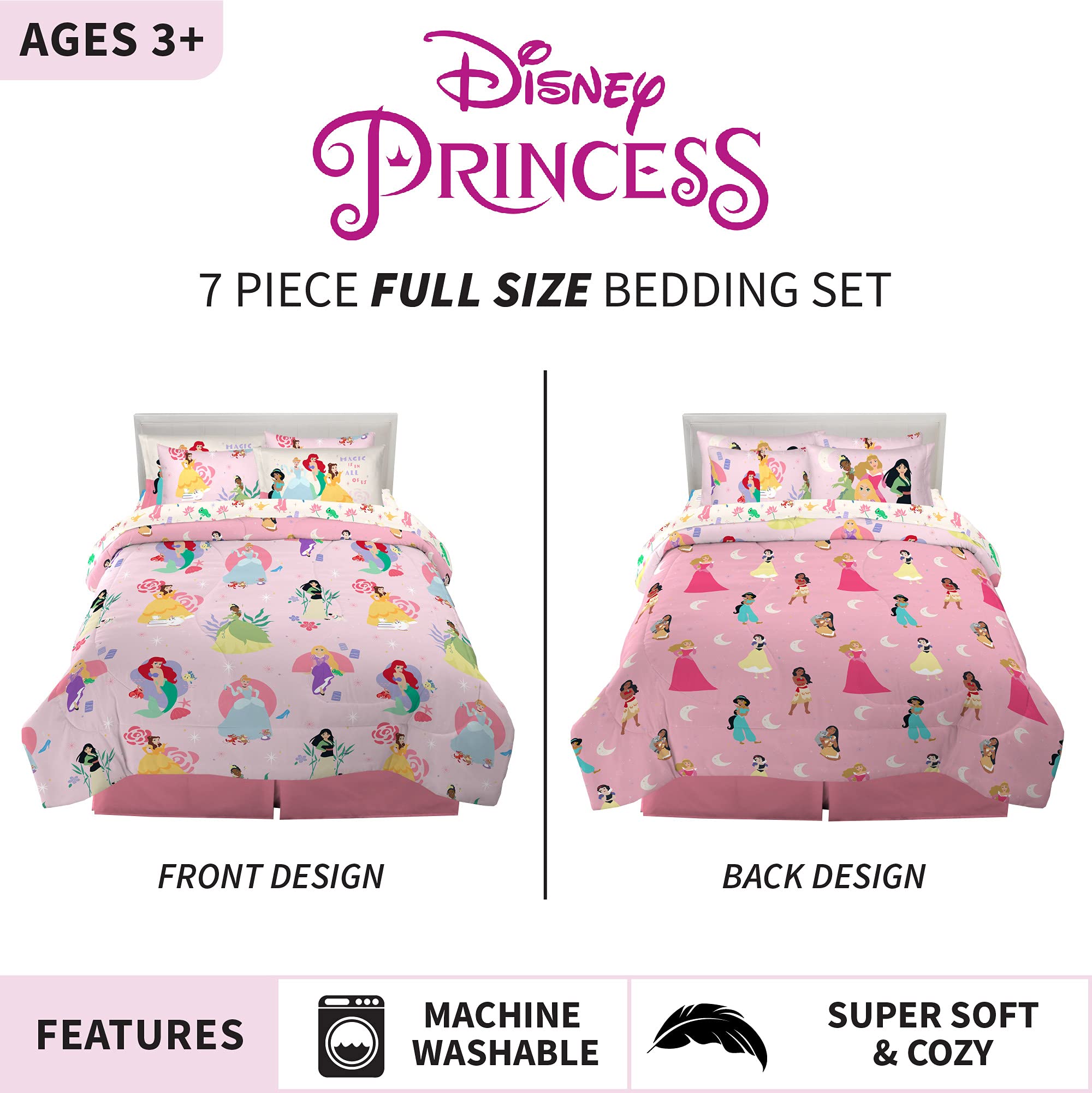 Foto 2 | Juego De Ropa De Cama Franco Disney Princess, Tamaño Completo, 7 Piezas - Venta Internacional.