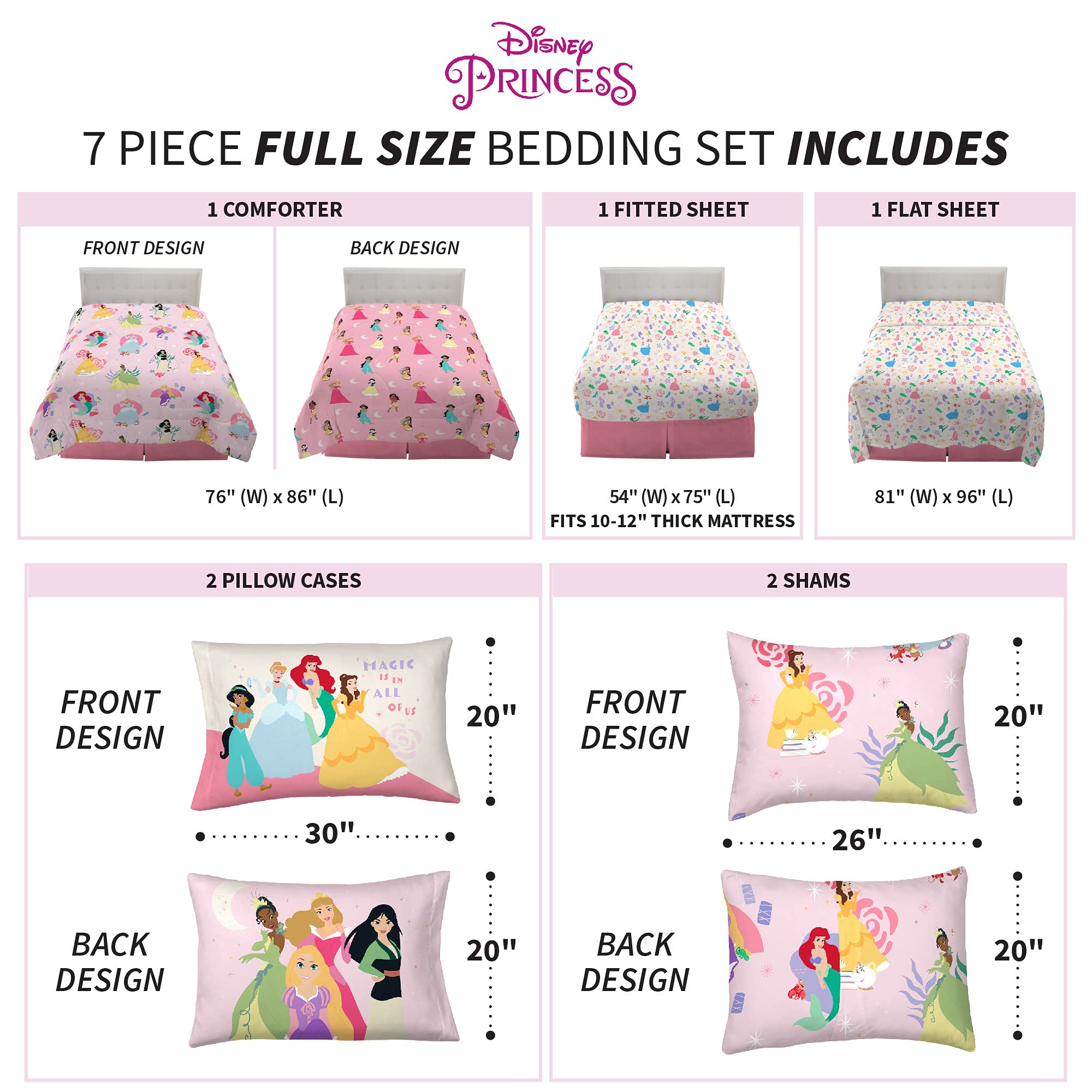 Foto 3 | Juego De Ropa De Cama Franco Disney Princess, Tamaño Completo, 7 Piezas - Venta Internacional.
