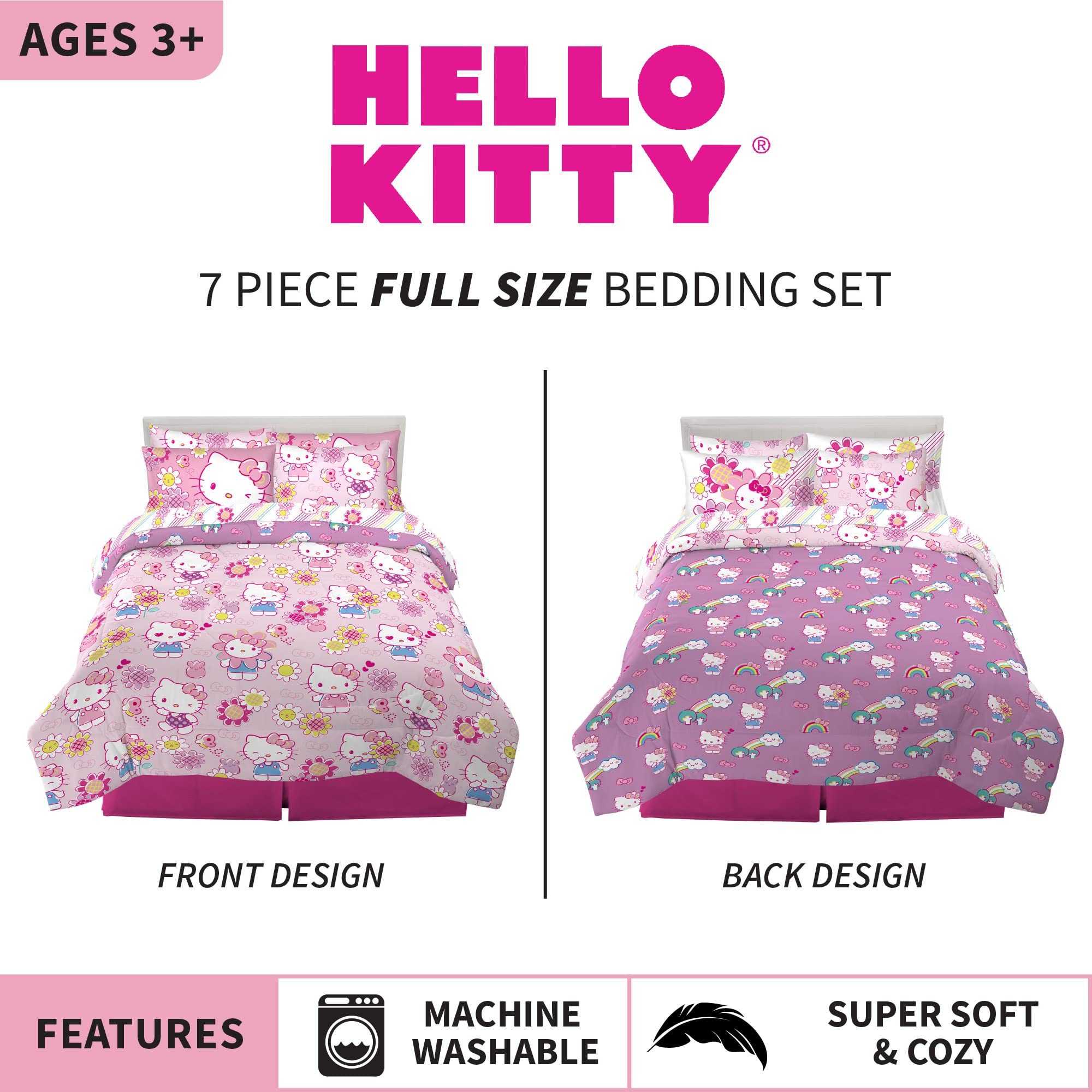 Foto 2 | Juego De Ropa De Cama Franco Hello Kitty De 7 Piezas, Tamaño Completo - Venta Internacional.