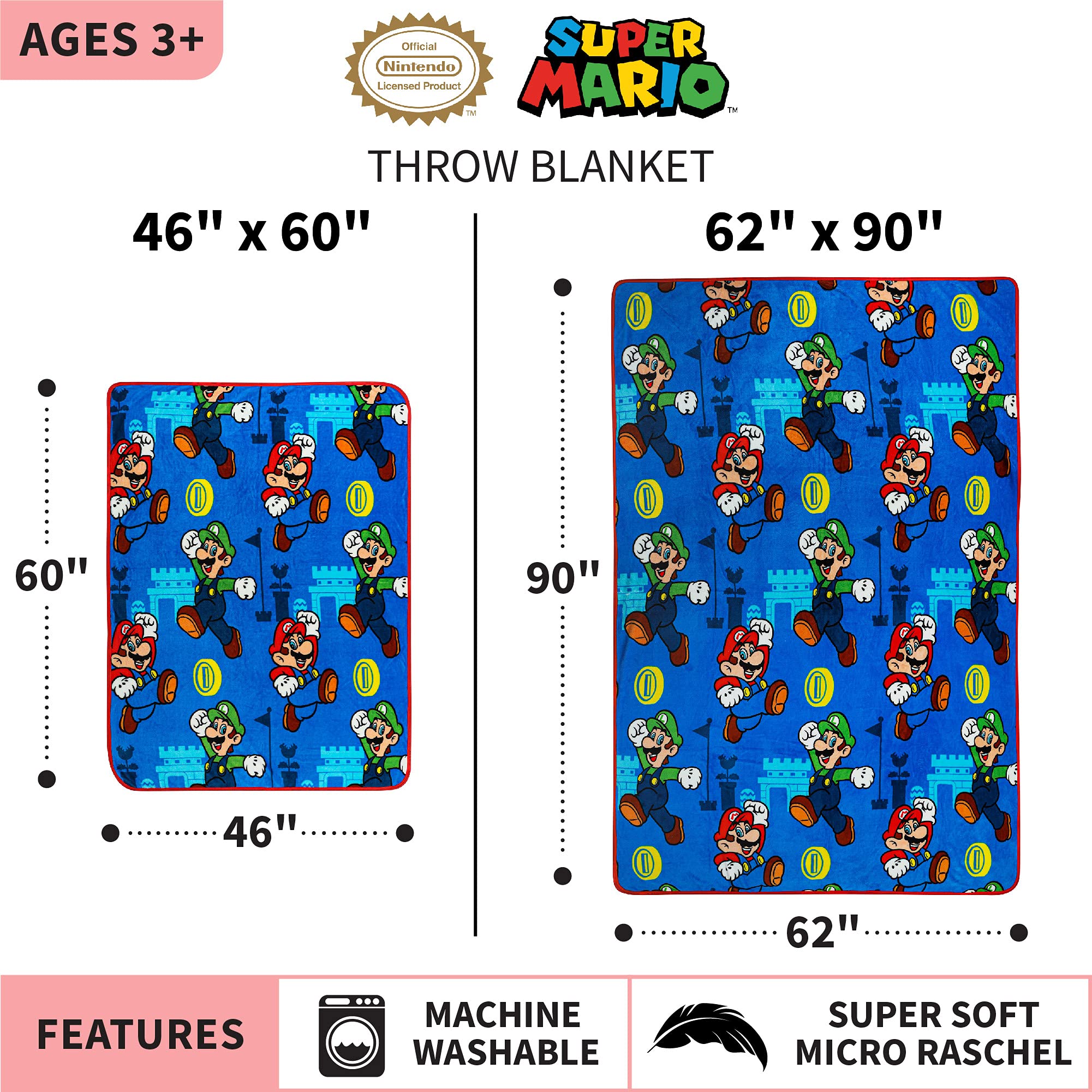 Foto 5 pulgar | Manta Franco Super Soft Plush Mario De 117 Cm X 152 Cm - Venta Internacional.