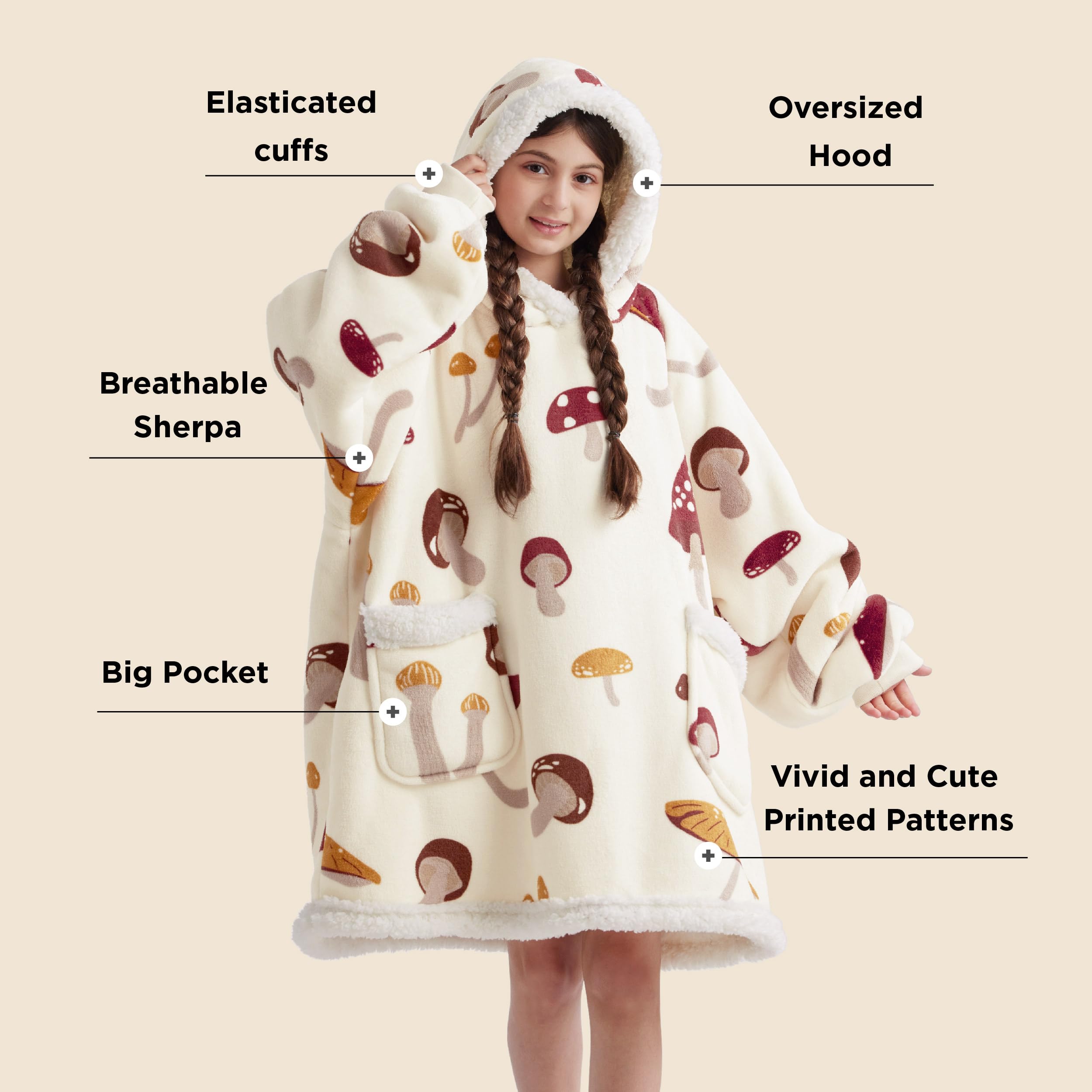 Foto 3 pulgar | Manta Portátil Con Capucha Bedsure Mushroom Beige Para Adultos Y Niños - Venta Internacional.