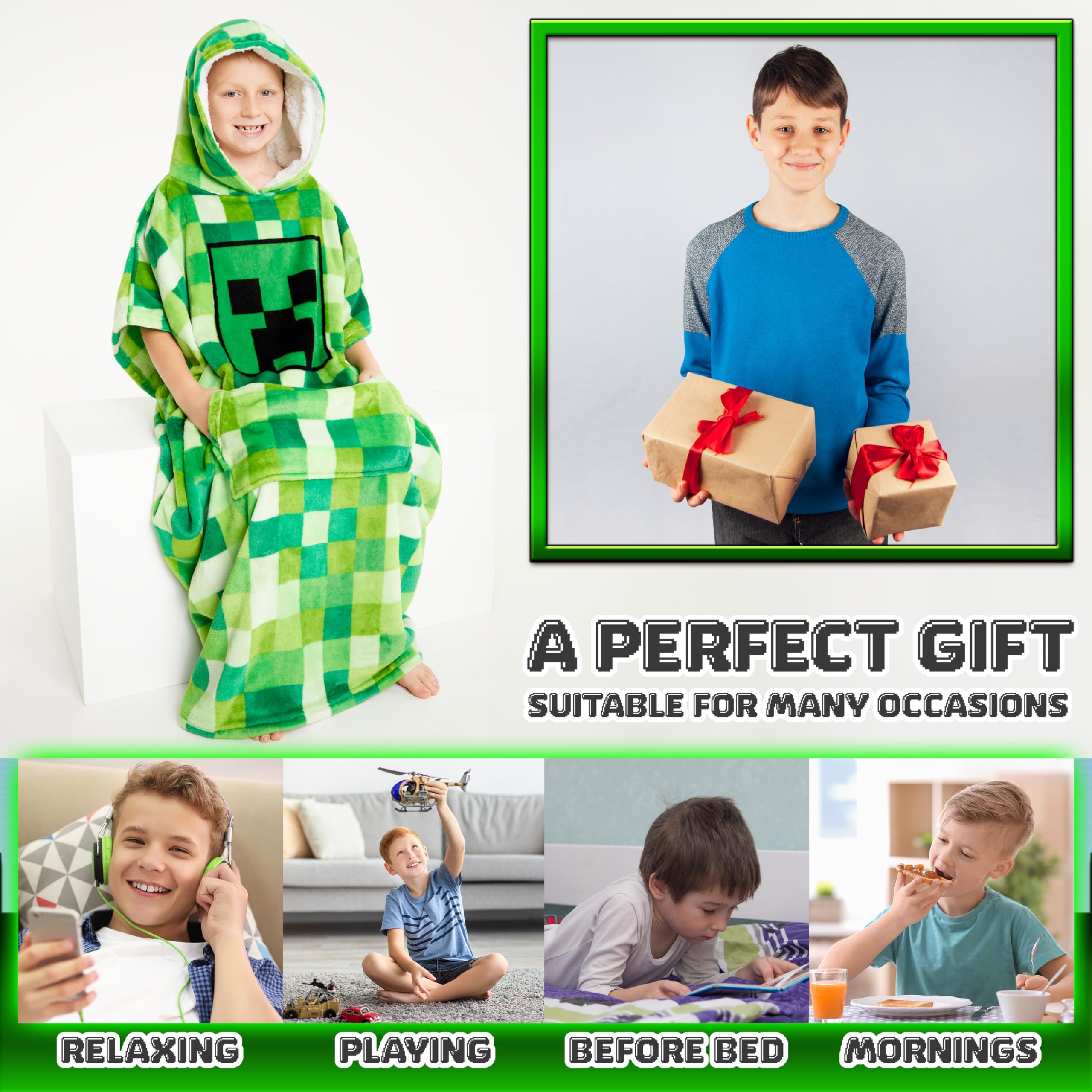 Foto 4 pulgar | Manta Con Capucha Minecraft, Forro Polar Para Niños Y Adolescentes, Color Verde - Venta Internacional.