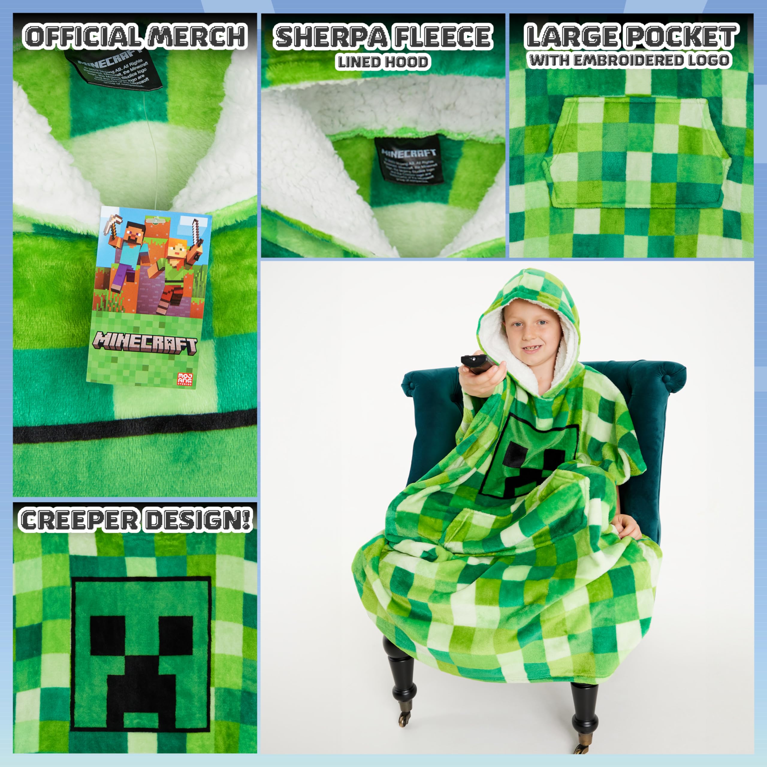 Foto 5 pulgar | Manta Con Capucha Minecraft, Forro Polar Para Niños Y Adolescentes, Color Verde - Venta Internacional.