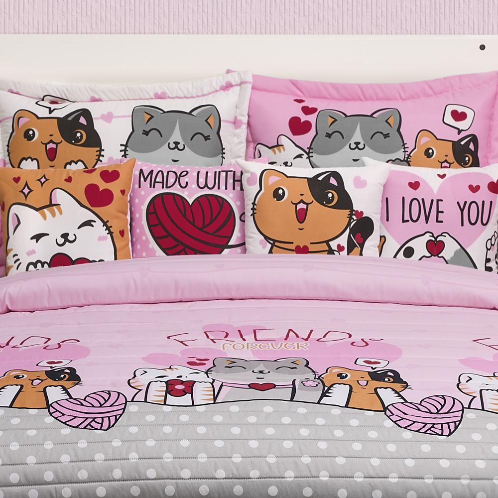 Foto 4 | Colcha Con Fundas Y Cojines Matrimonial Elefantito Hogar Bombón Color Rosa Gatitos