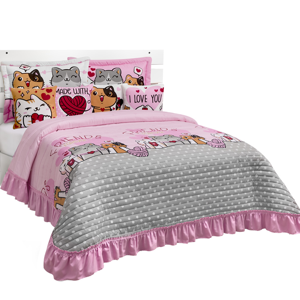 Colcha Con Funda Y Cojín Individual Elefantito Hogar Bombón Color Rosa Gatitos