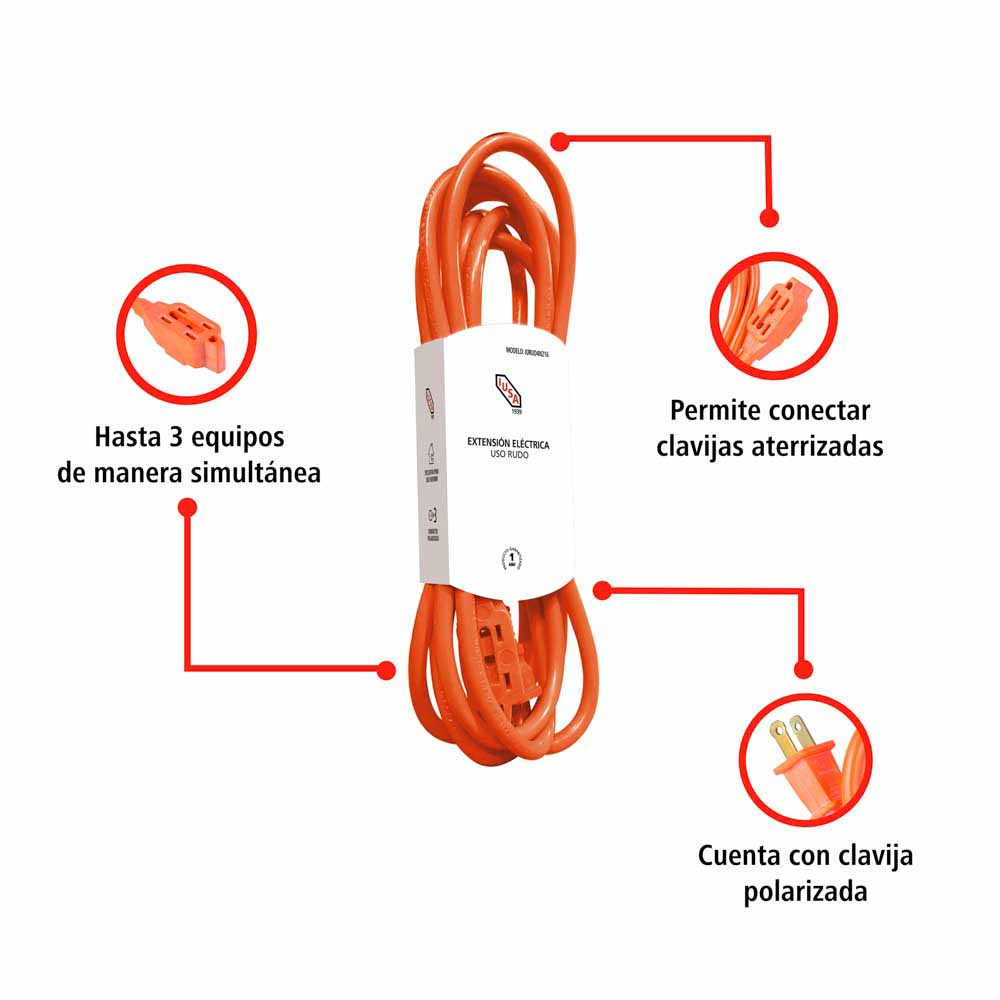 Foto 3 pulgar | Extensión Eléctrica de Uso Rudo con Fajilla 2x16 Awg 12 m color Anaranjado