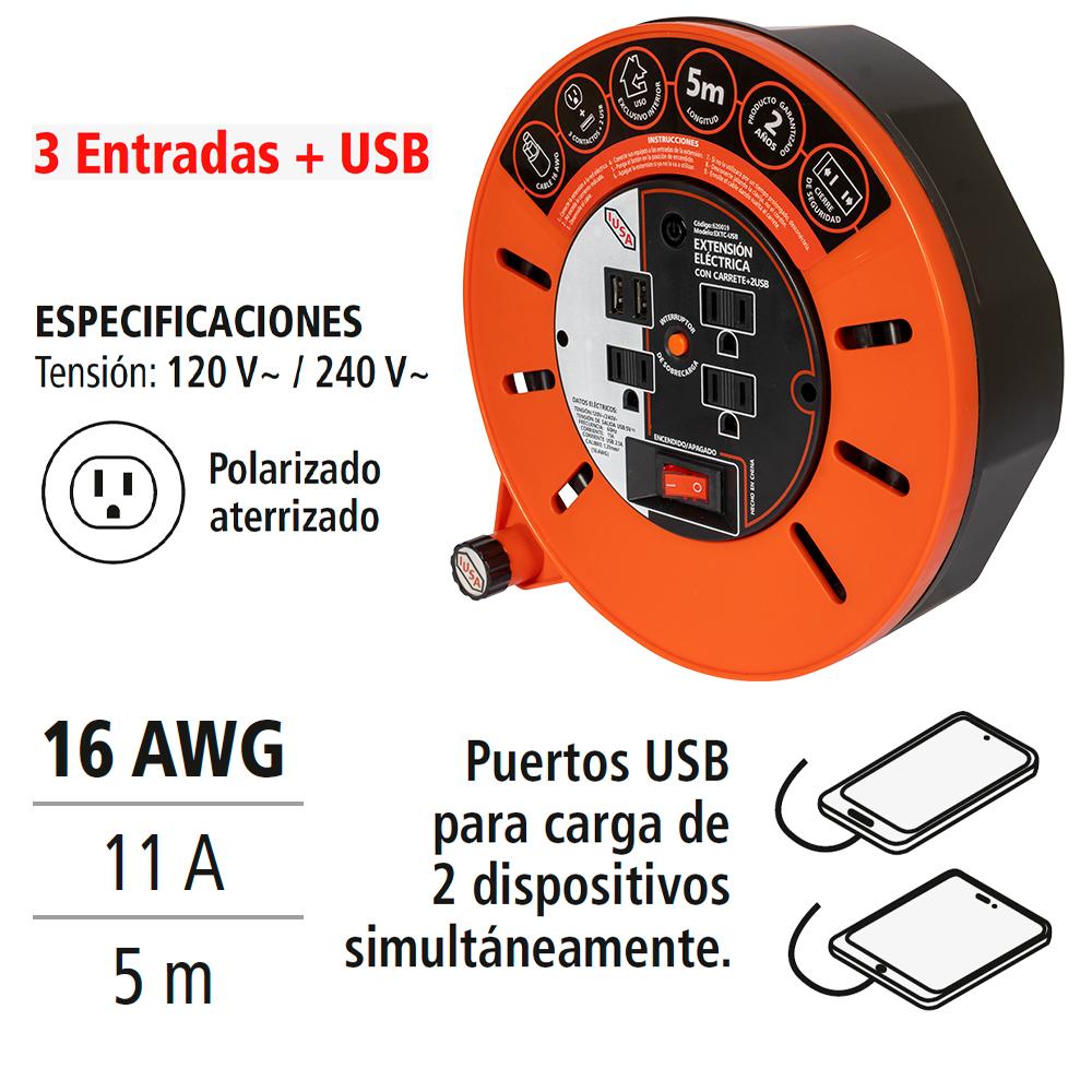 Foto 5 pulgar | Extensión Eléctrica D'carrete Iusa 5m 3 Entradas + 2 Usb