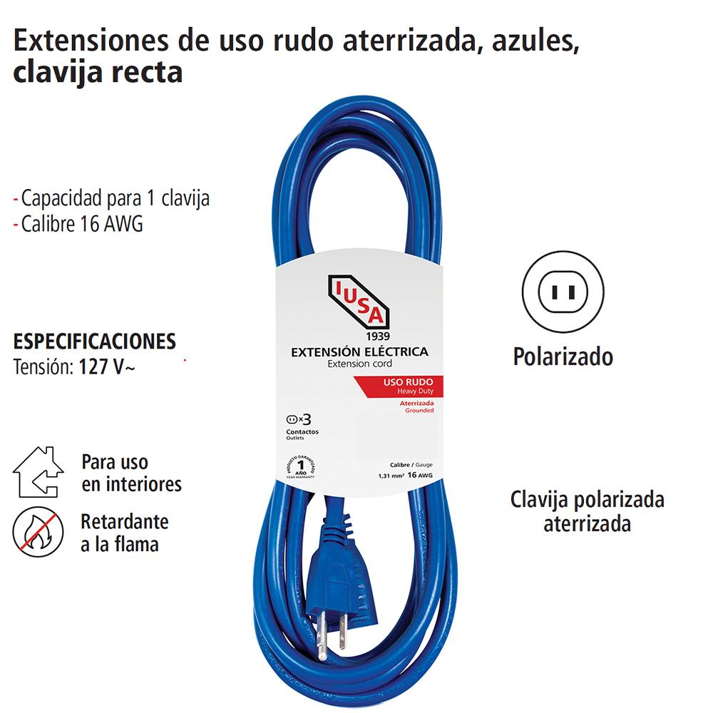 Foto 4 | Extensión de Uso Rudo Aterrizada Azul de 8m con Clavija Recta de IUSA