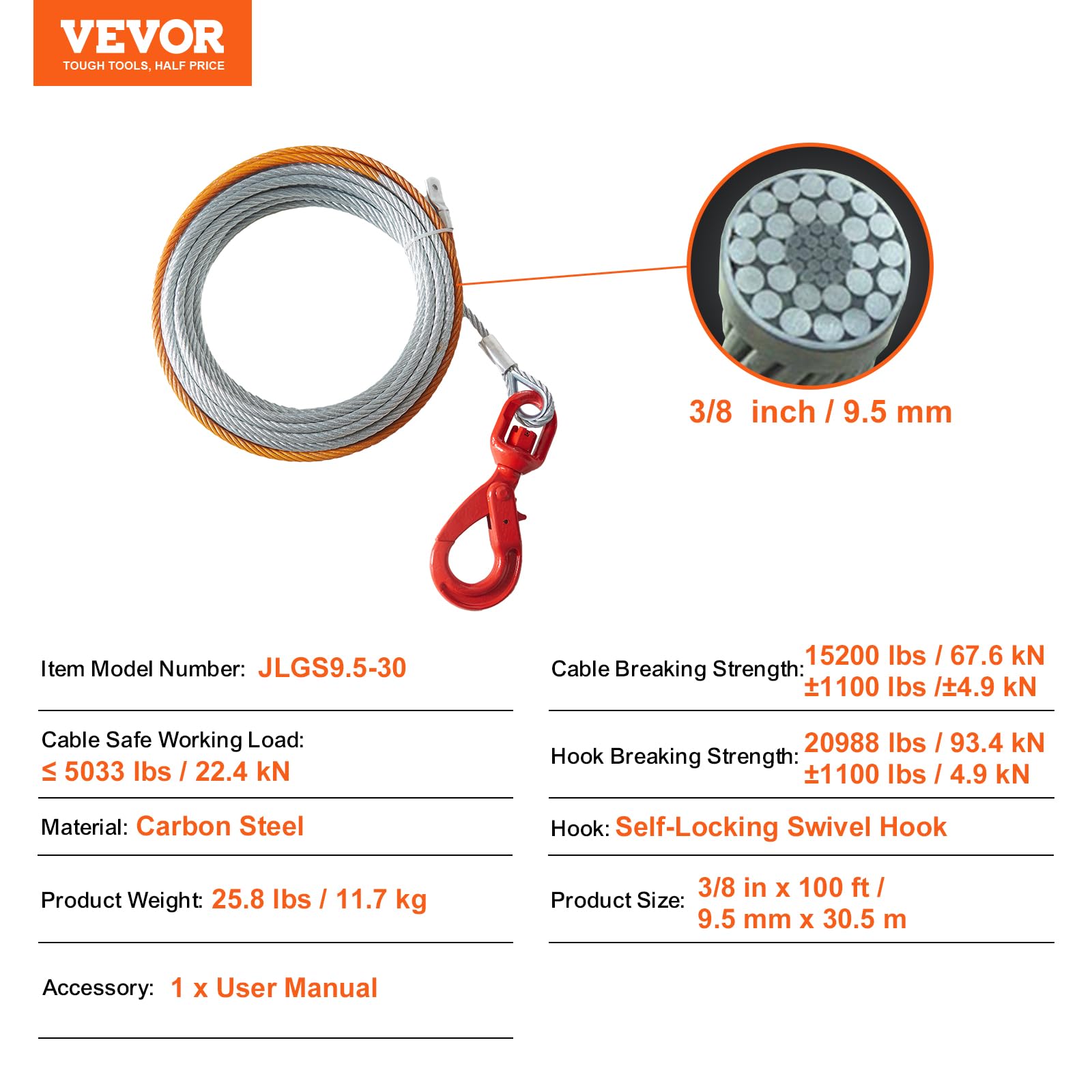 Foto 8 pulgar | Cable De Cabrestante Vevor De Acero Galvanizado, 9,5 Mm X 30,5 M, 6.895 Kg - Venta Internacional.