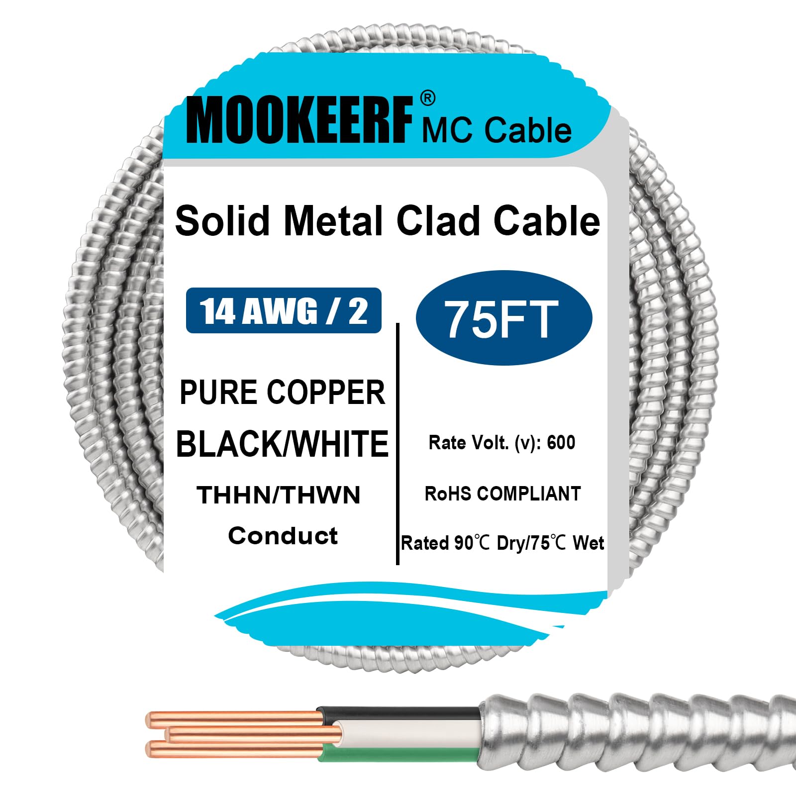 Foto 2 pulgar | Cable Mc Mookeerf 14/2 Con Tierra, Cobre Puro De 75 Pies, 14 Awg/2 - Venta Internacional.