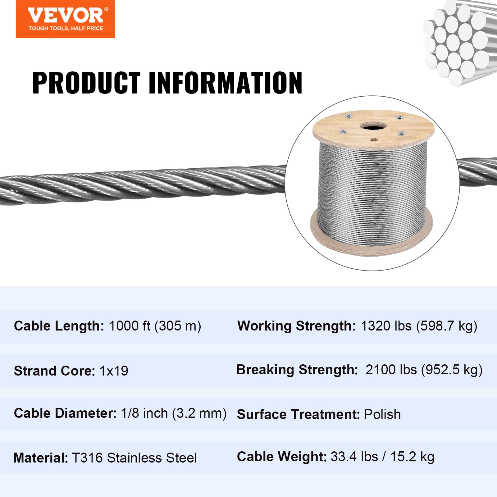 Foto 7 | Sistema De Barandilla De Cables, Cable De Acero Inoxidable De 1/8 Pulgadas, 1000 Pies - Venta Internacional.