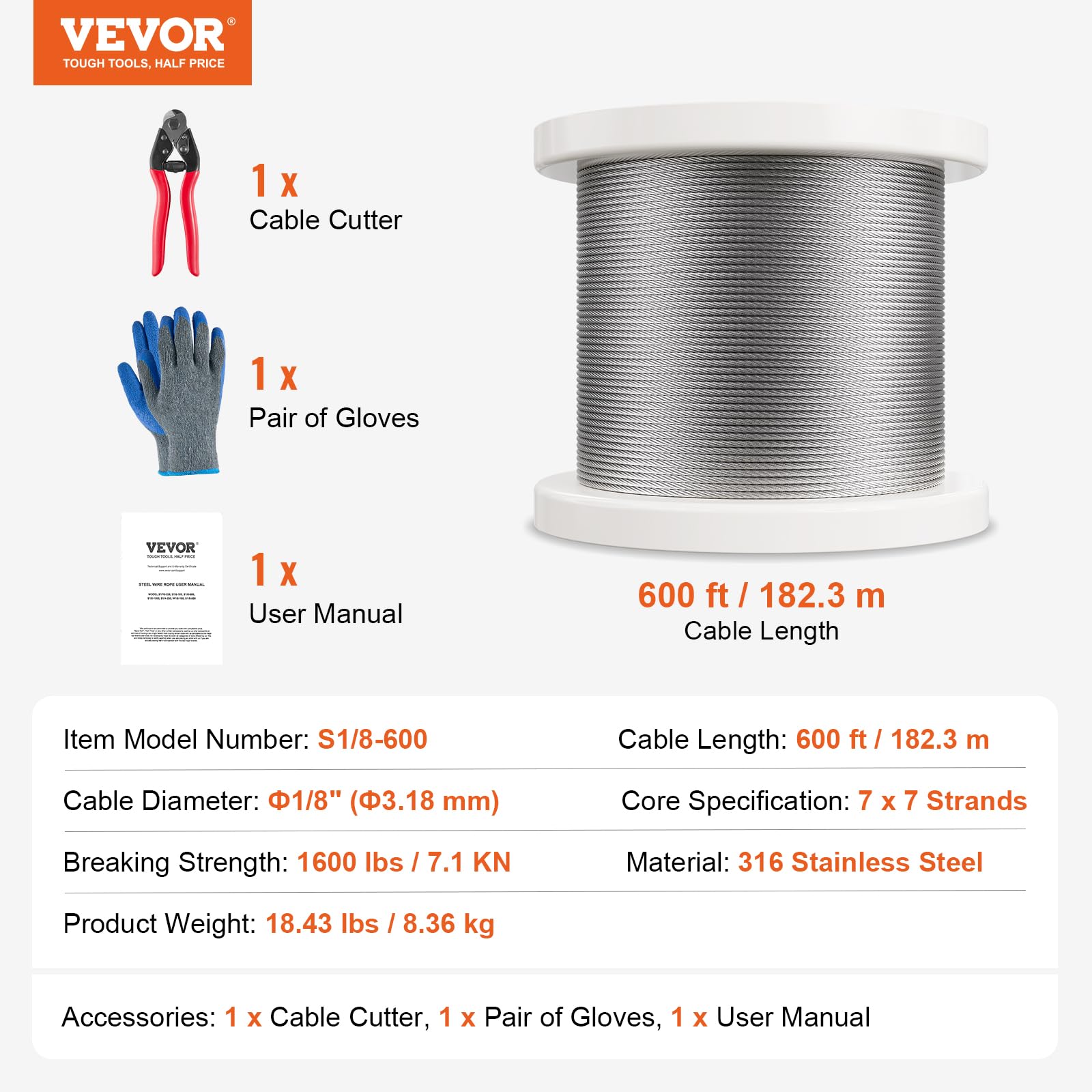 Foto 8 pulgar | Kit De Barandillas Para Cables Vevor 316, Acero Inoxidable, 182,3 M, 1600 Libras - Venta Internacional.