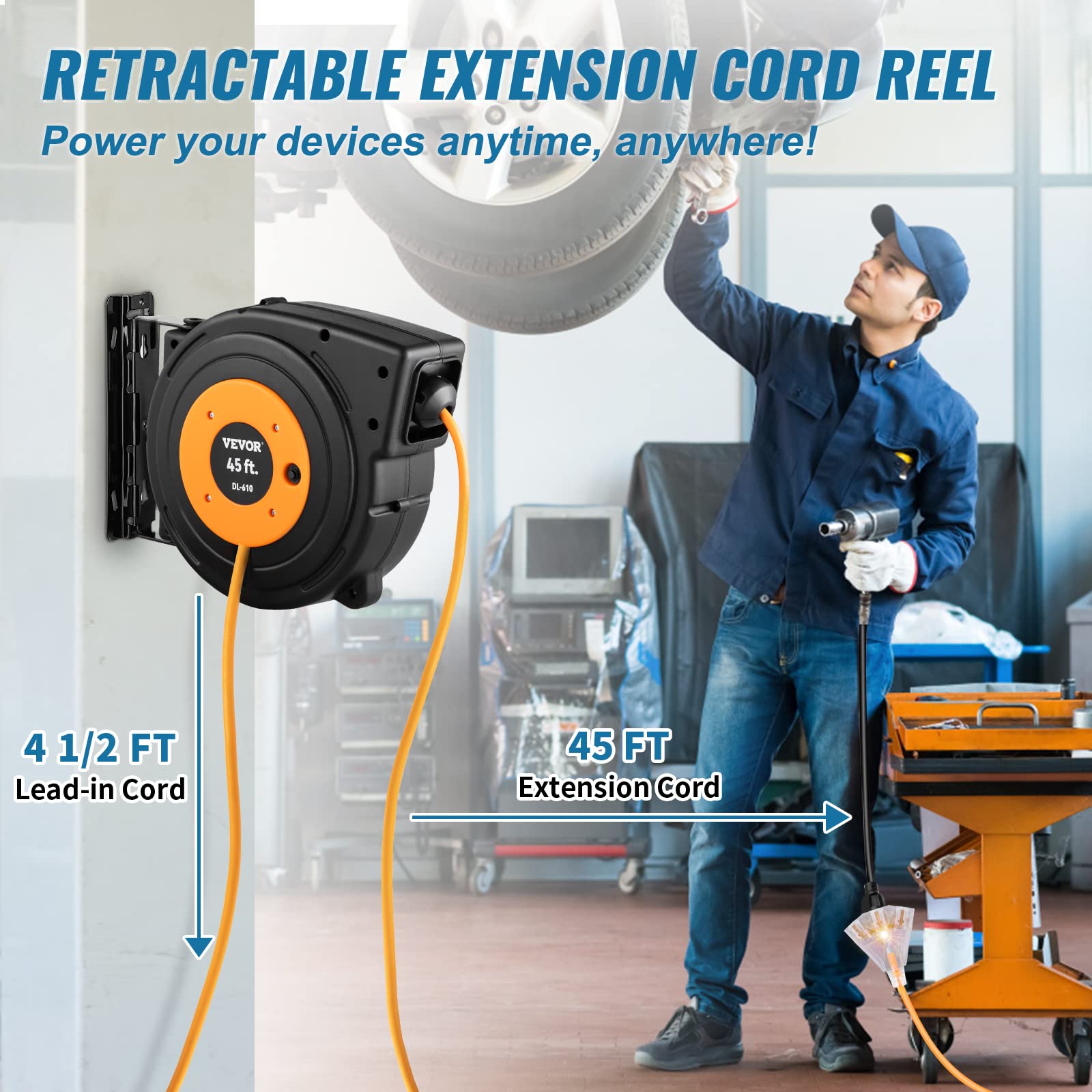 Foto 3 pulgar | Carrete De Cable De Extensión Retráctil Vevor De 45 Pies Con Triple Toma - Venta Internacional.
