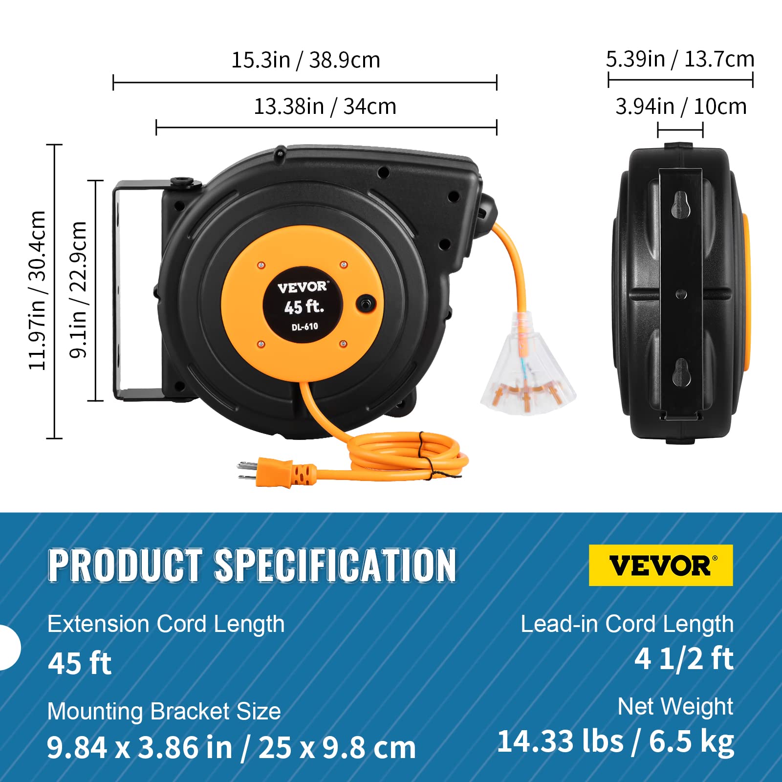 Foto 6 pulgar | Carrete De Cable De Extensión Retráctil Vevor De 45 Pies Con Triple Toma - Venta Internacional.