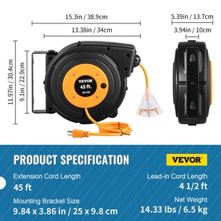 Foto 5 | Carrete De Cable De Extensión Retráctil Vevor De 45 Pies Con Triple Toma - Venta Internacional.