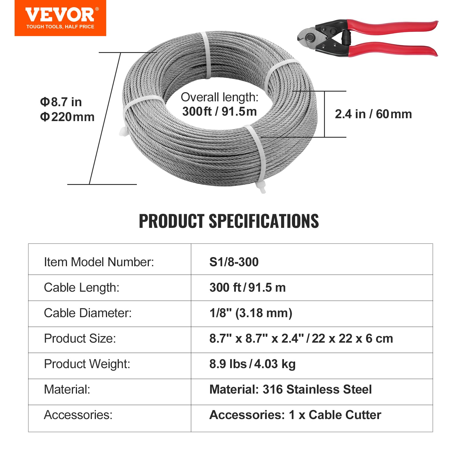 Foto 8 pulgar | Cable De Acero Vevor T316 De 1/8 Pulgadas, 300 Pies Con Kit De Corte De 1380 Libras - Venta Internacional.