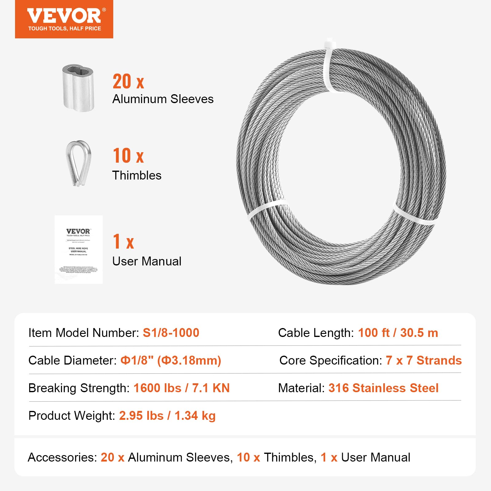 Foto 8 pulgar | Cable De Acero Inoxidable Vevor 316 De 100 Pies Con Manguitos Y Delantales - Venta Internacional.