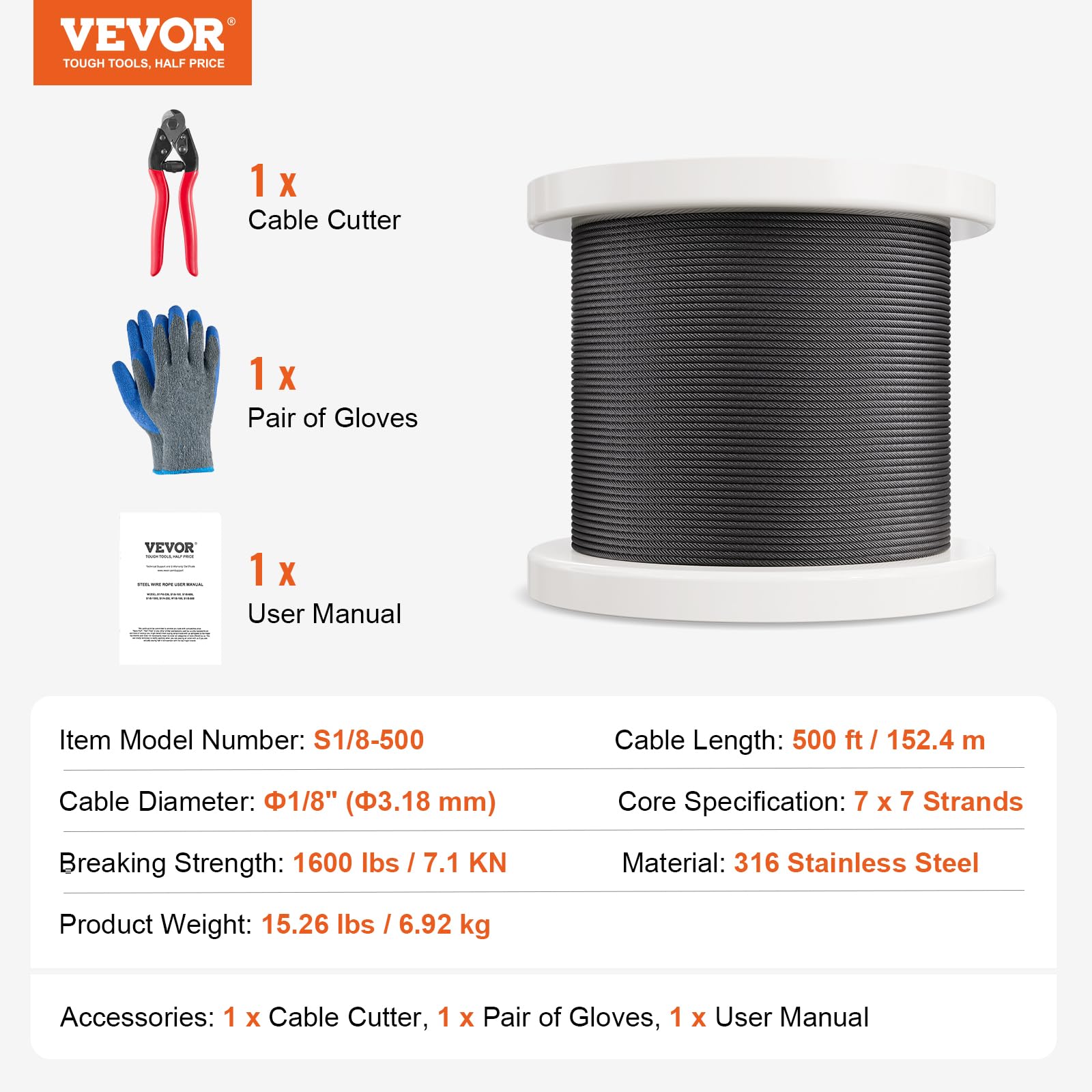 Foto 8 pulgar | Kit De Barandillas Para Cables Vevor 316 De Acero Inoxidable, 500 M, 1/8 - Venta Internacional.