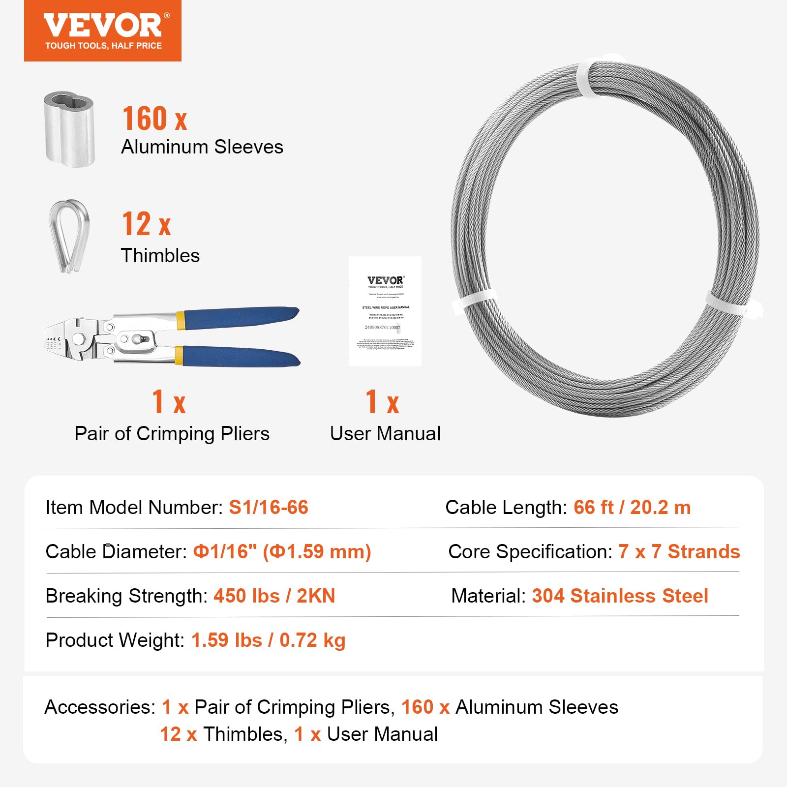 Foto 7 | Kit De Cables De Acero Inoxidable Vevor 304 De 66 Pies Con Herramienta De Engarzado - Venta Internacional.