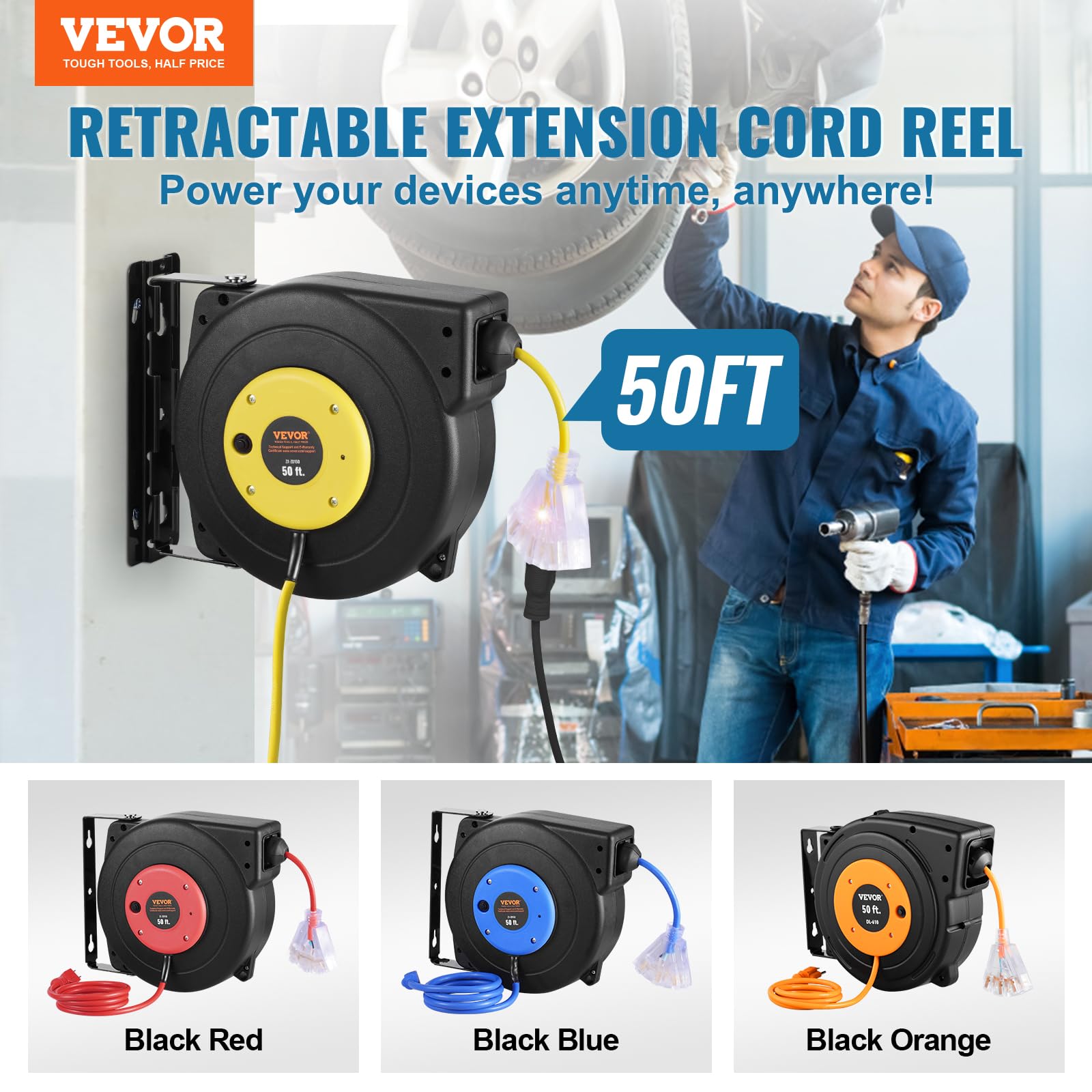 Foto 3 pulgar | Carrete De Cable De Extensión Retráctil Vevor De 50 Pies Con Salida De Triple Grifo - Venta Internacional.