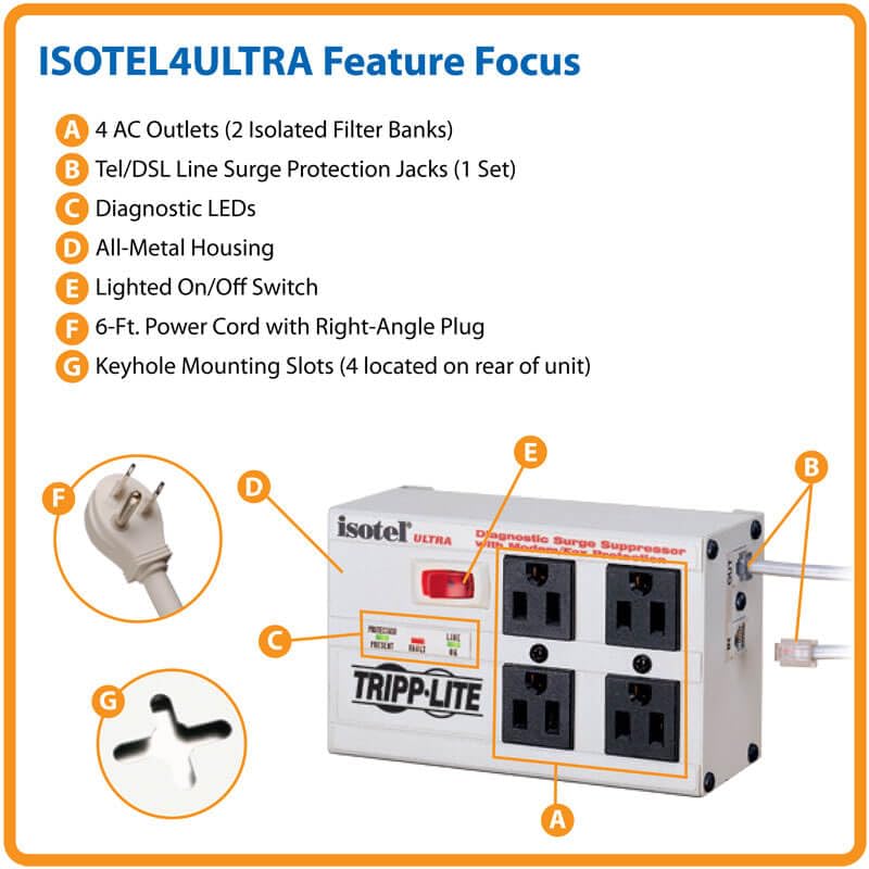 Foto 4 pulgar | Protector Contra Sobretensiones Tripp Lite Isotel 4 Ultra, Cable De 4 Salidas De 6 Pies - Venta Internacional.