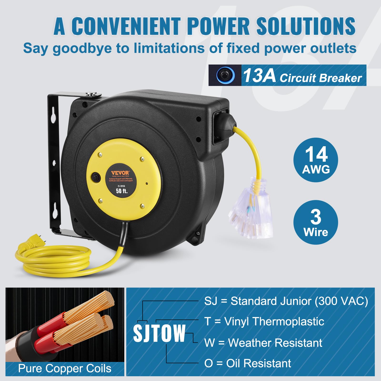 Foto 5 pulgar | Carrete De Cable De Extensión Retráctil Vevor 50 Pies 14 Awg/3c Sjtow - Venta Internacional.