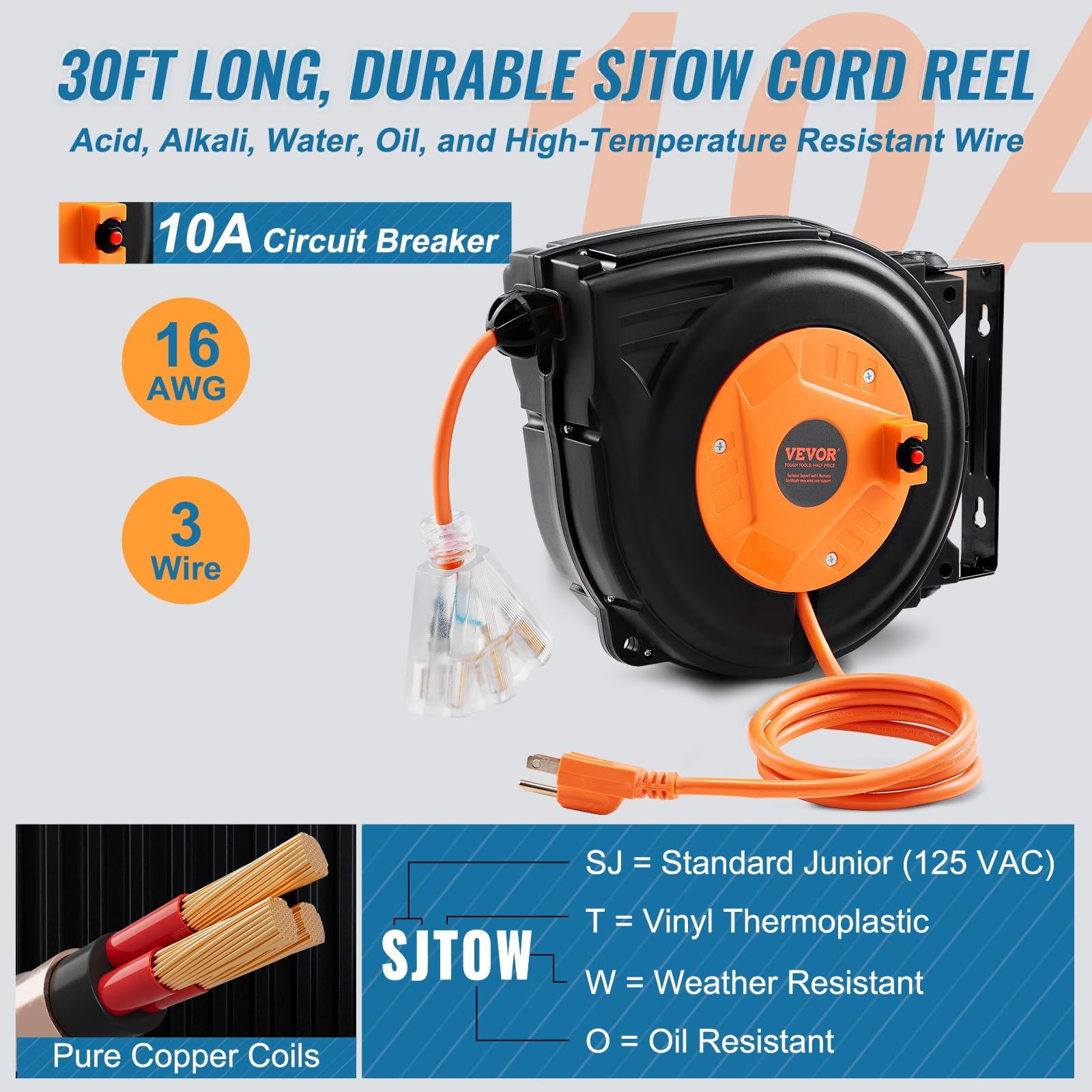 Foto 8 pulgar | Carrete De Cable De Extensión Retráctil Vevor De 30 M Con Triple Salida - Venta Internacional.