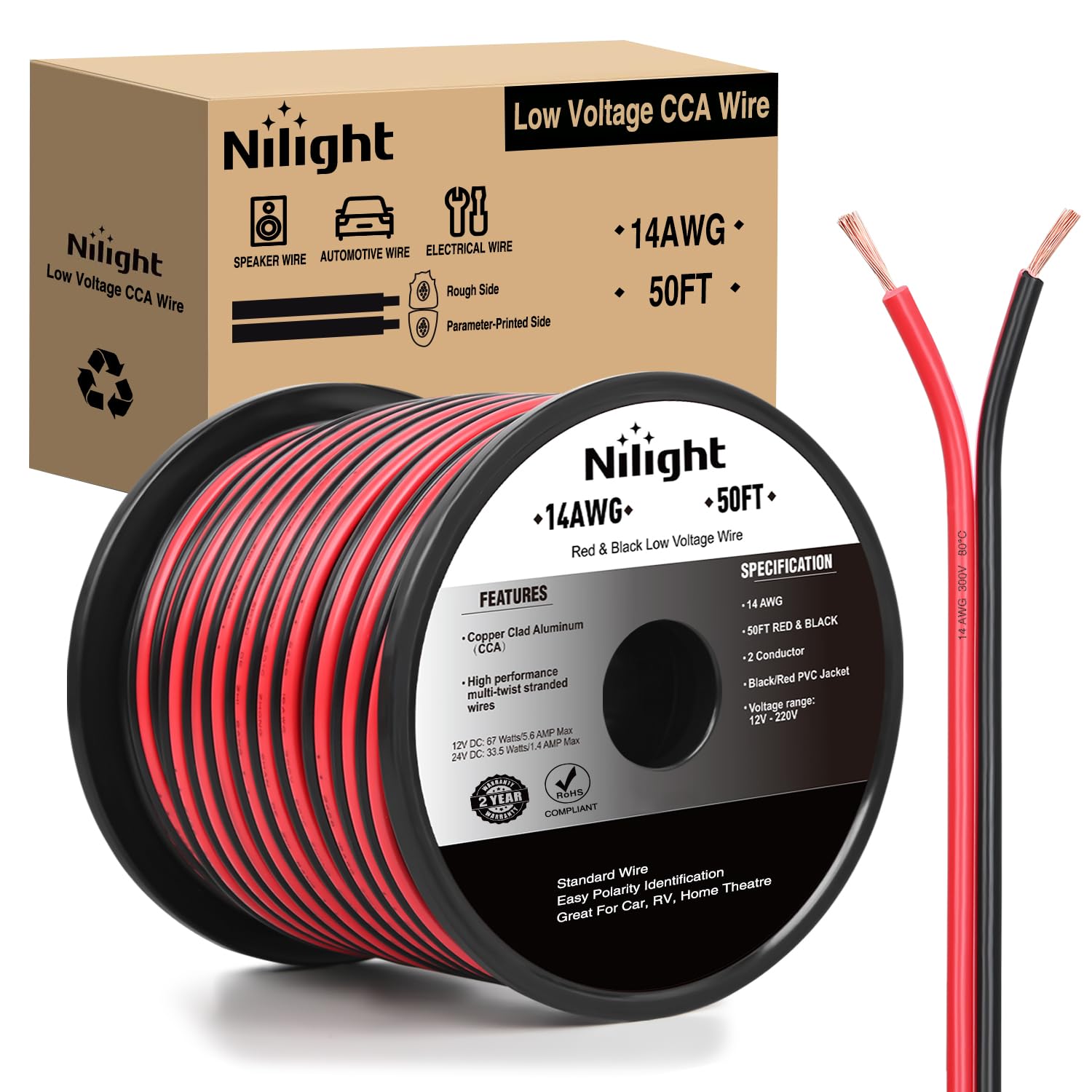 Cable Eléctrico Nilight 14 Awg, 50 Pies, Rojo Y Negro, 12 V/24 V Dc Cca - Venta Internacional.