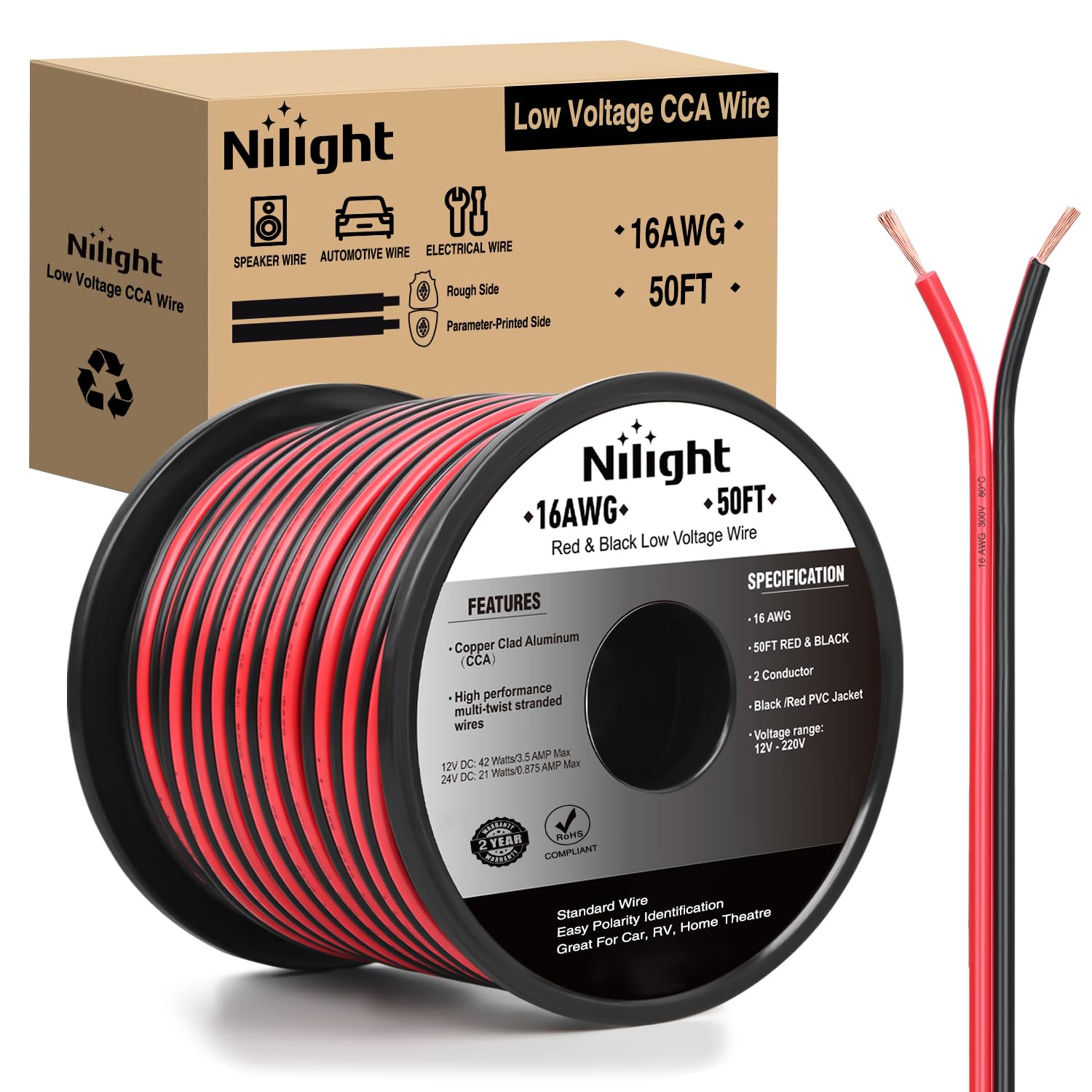 Cable Eléctrico Nilight 16 Awg, 50 Pies, Calibre 16/2, Cable Cca - Venta Internacional.