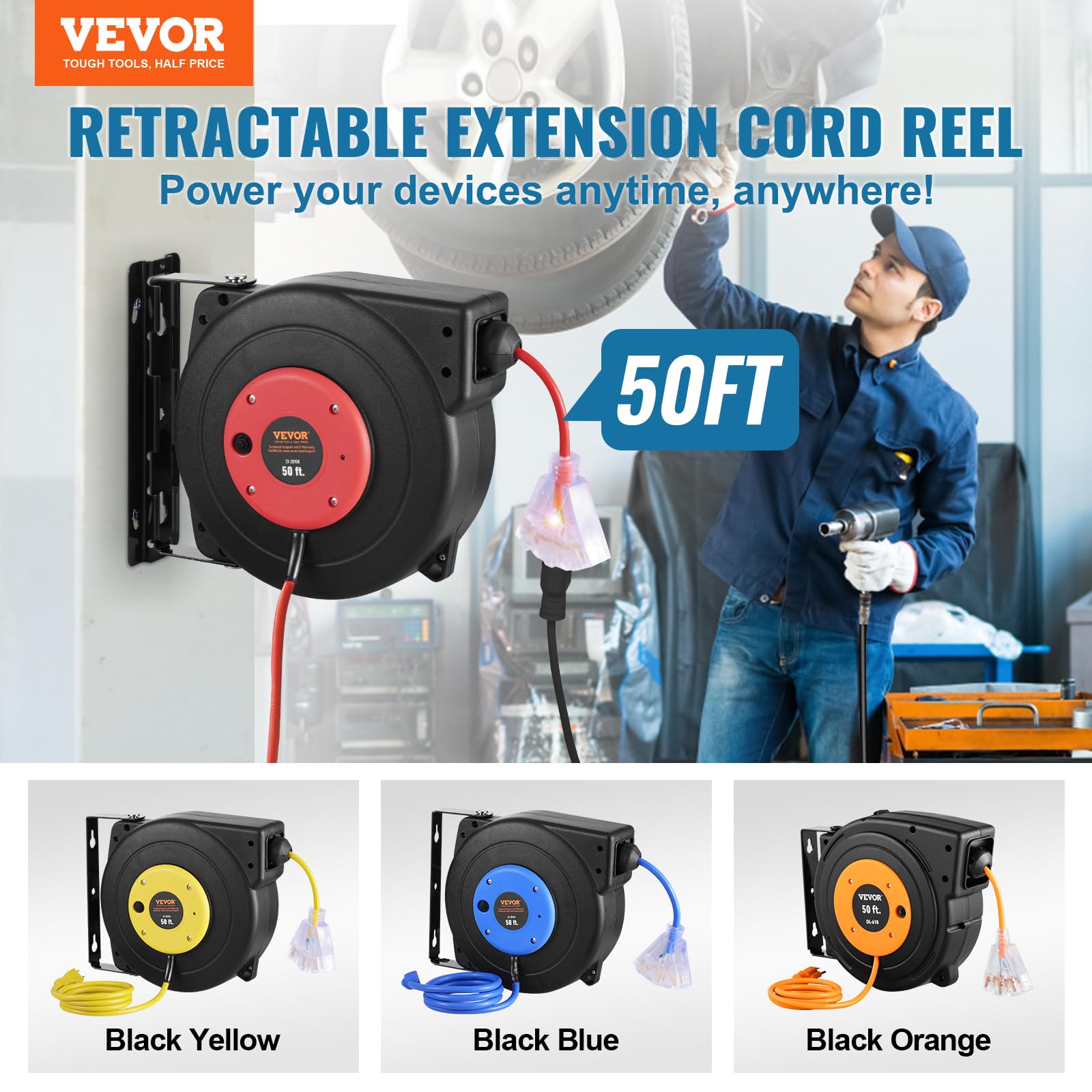 Foto 3 pulgar | Carrete De Cable De Extensión Retráctil Vevor De 50 Pies Con Salida De Triple Grifo - Venta Internacional.