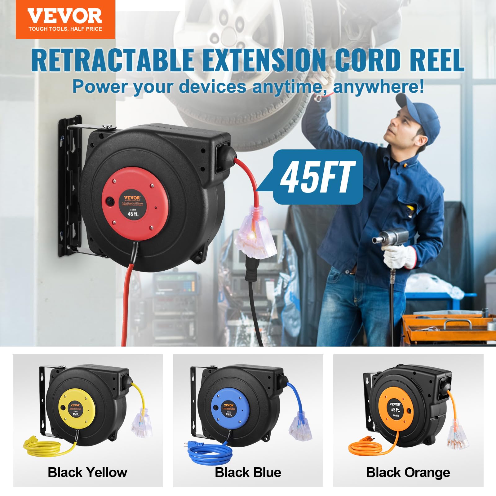 Foto 3 pulgar | Rollo De Cable De Extensión Retráctil Vevor De 45 Pies Con Enchufes De Triple Grifo - Venta Internacional.