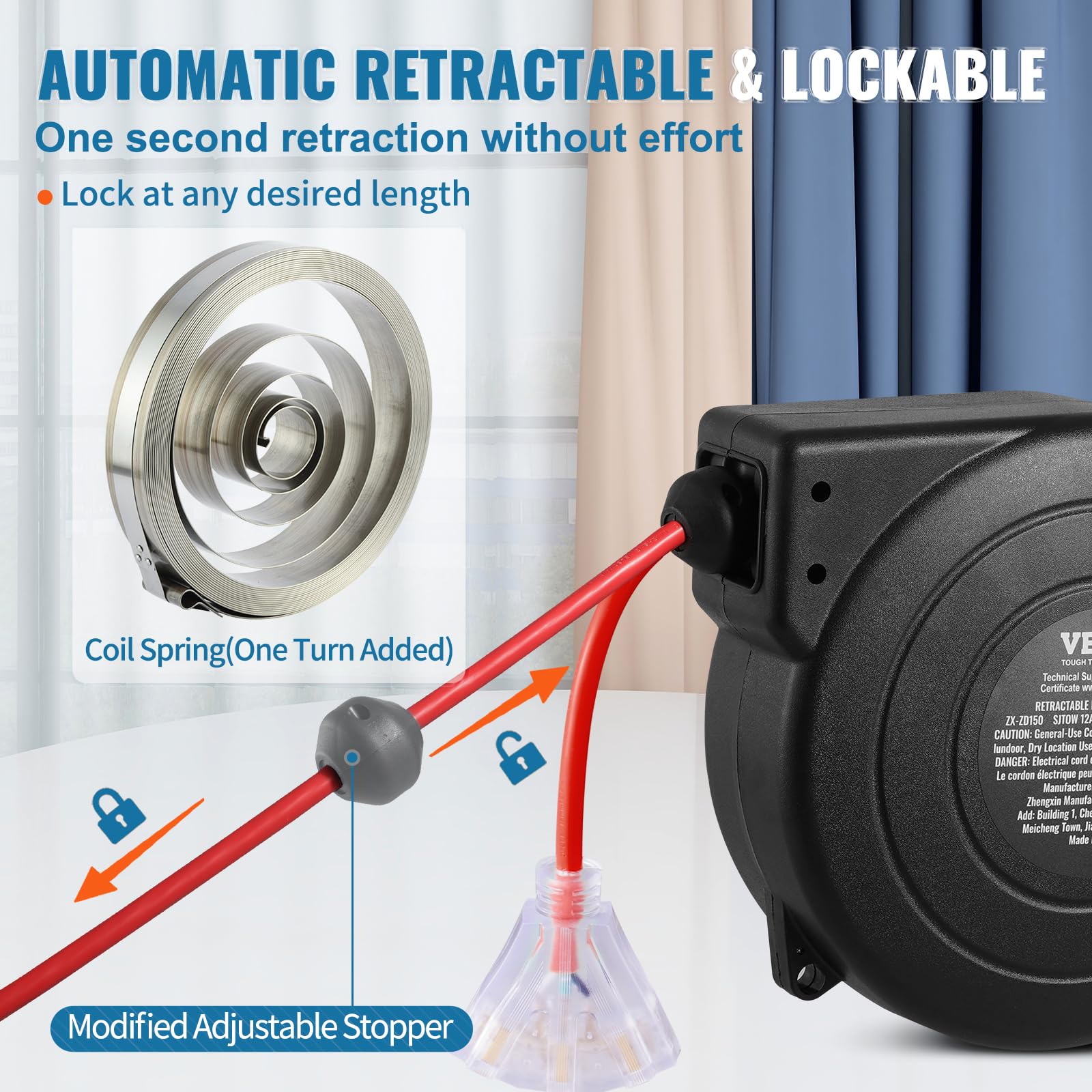 Foto 5 | Rollo De Cable De Extensión Retráctil Vevor De 45 Pies Con Enchufes De Triple Grifo - Venta Internacional.