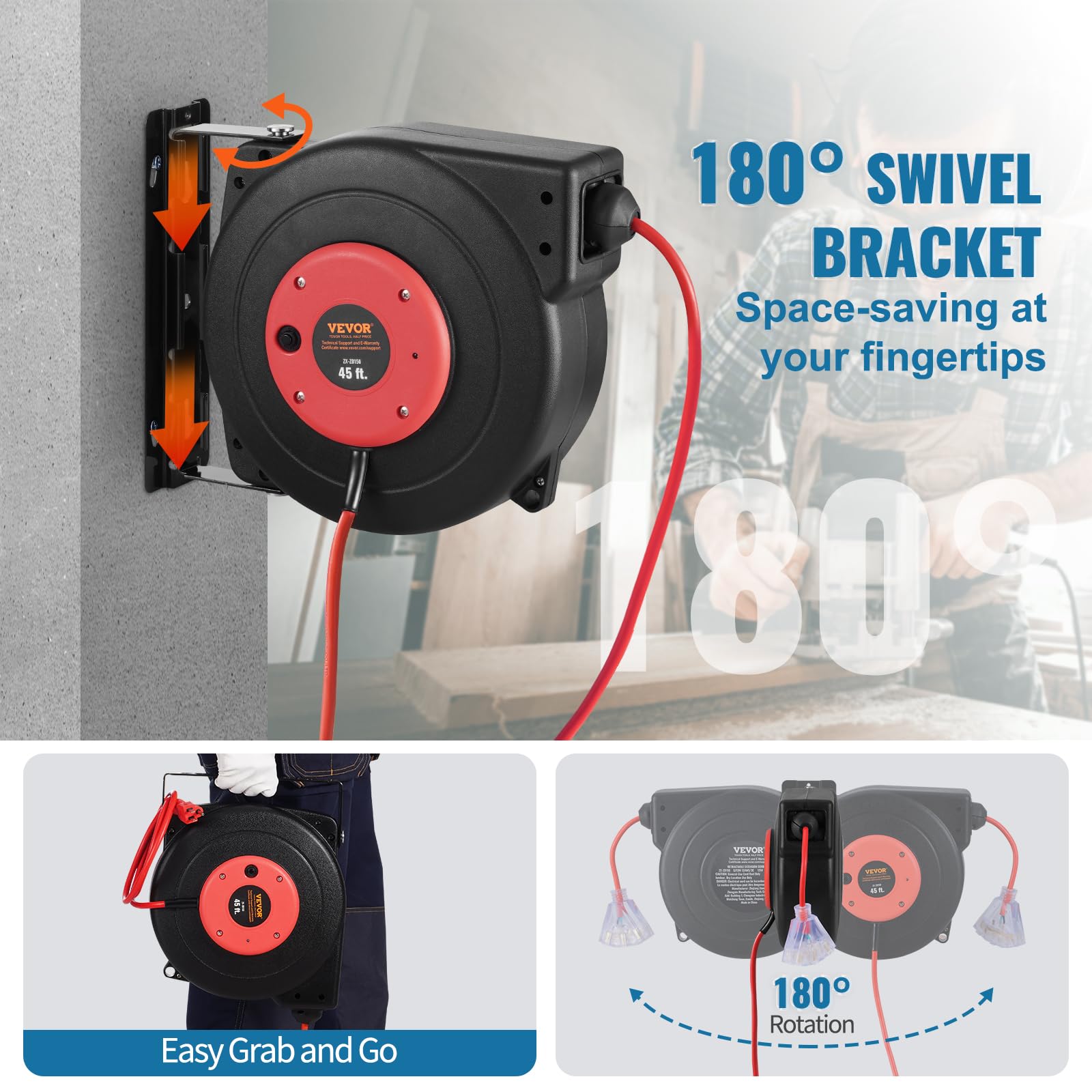 Foto 6 | Rollo De Cable De Extensión Retráctil Vevor De 45 Pies Con Enchufes De Triple Grifo - Venta Internacional.