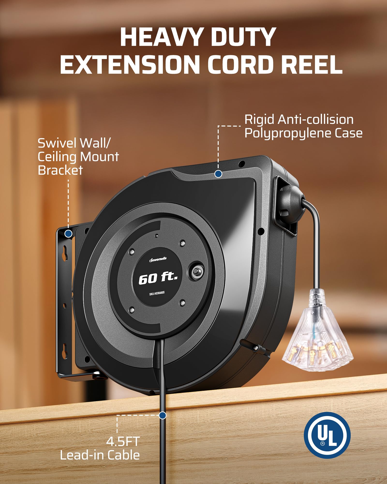 Foto 3 | Carrete De Cable De Extensión Dewenwils, Retráctil, 60 Pies, 15 A, 1875 W - Venta Internacional.
